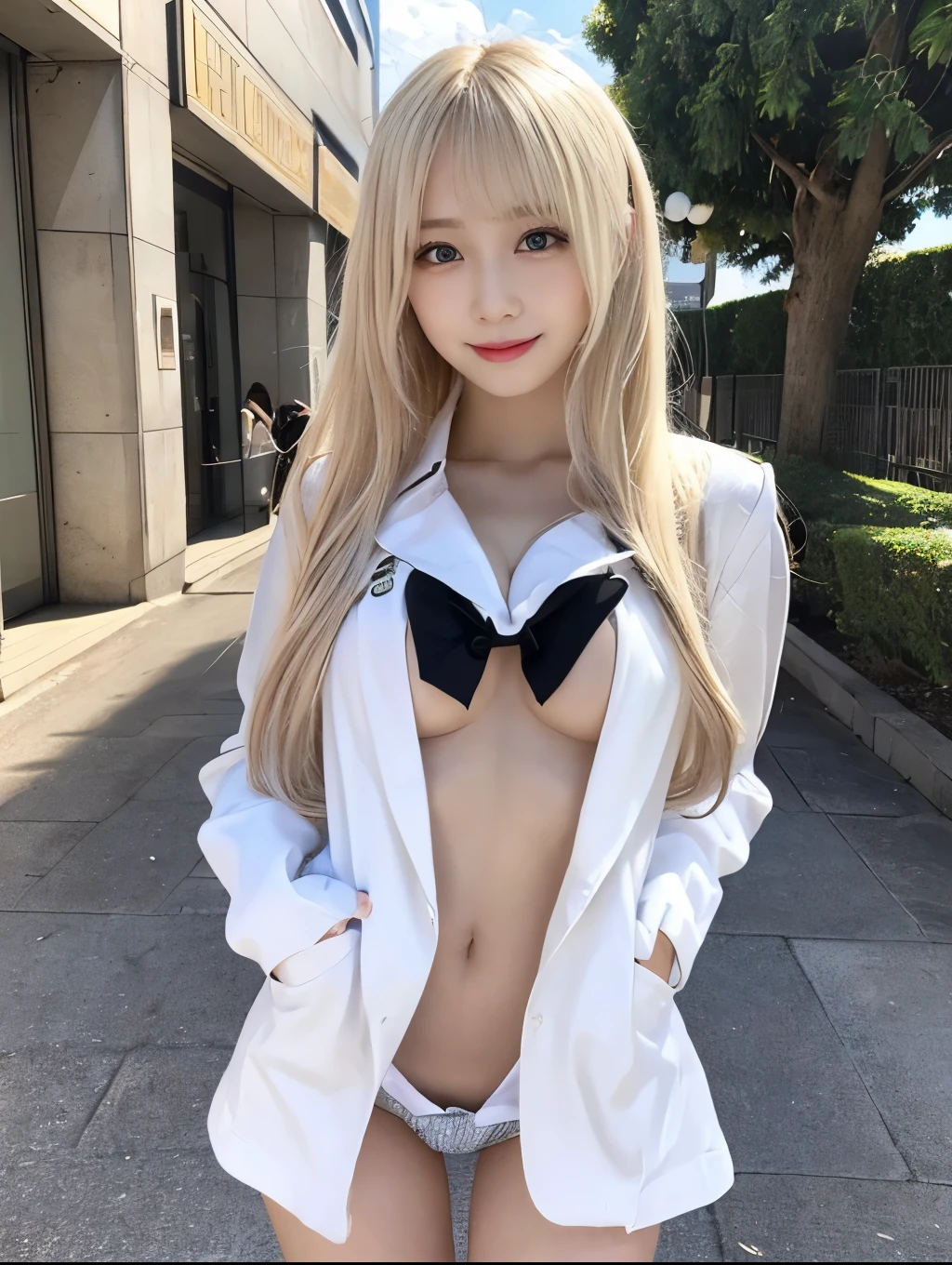 ( Masterpiece, highest quality), 98k, ((Perfect Anatomy:1.3)),Beautiful Japanese Women, Succubus,alone, 18-year-old, Small face,Cute face:1.2,Smiling, Larger breasts, ,Beautifully detailed round eyes, Evenly spaced eyes 1.2, Long platinum blonde hair,Random Hair, (Highly detailed face and skin texture), Beautiful face in golden proportions,White skin,Accentuate your beautiful legs,(Revealing student uniforms:1.2),Random sexy poses, Sunny day,(Standing like a model:1.3)