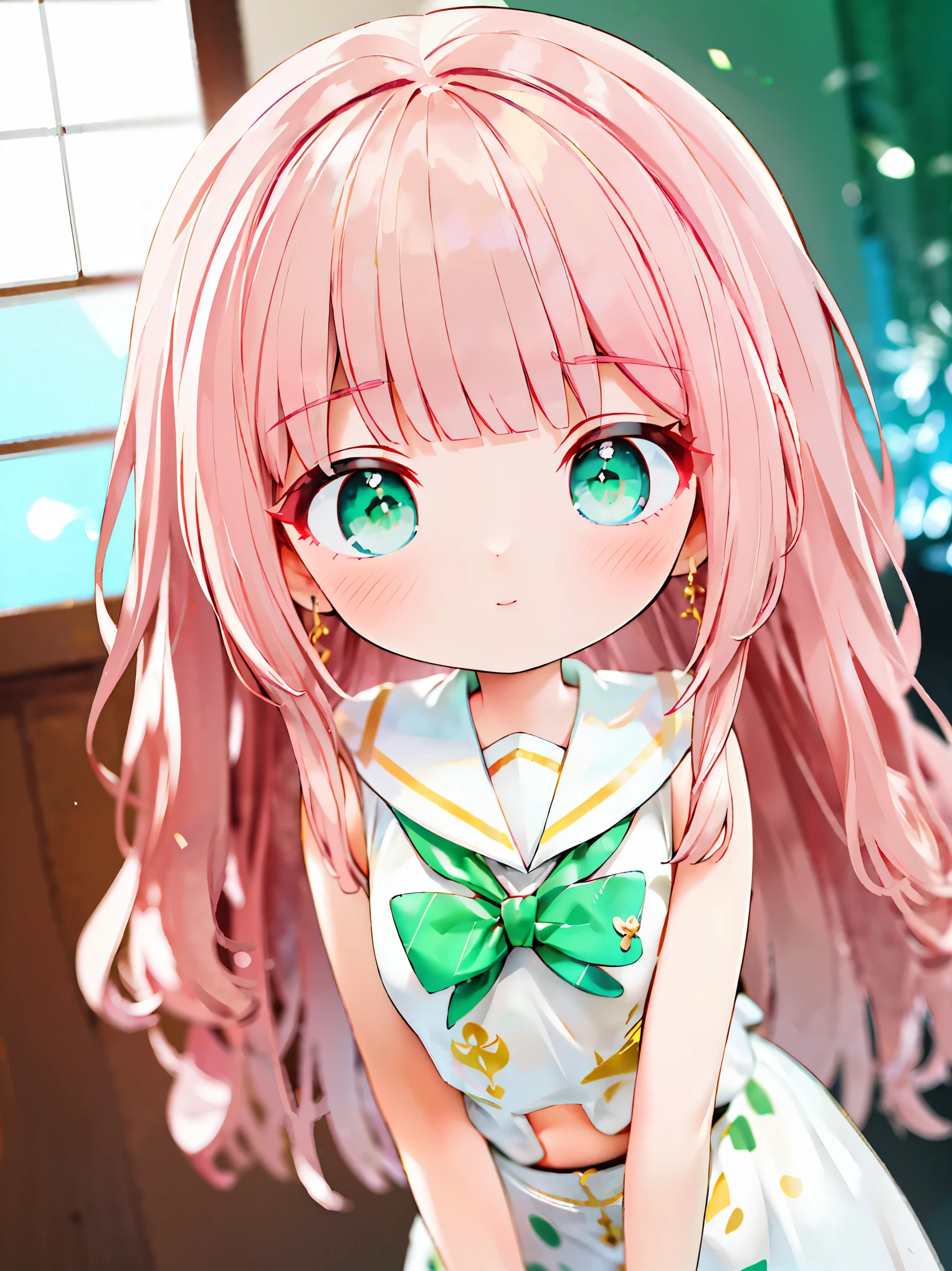 {{{{masterpiece}}}},{{{emaiti}}}, {{{Super detailed}}}, {{{high resolution}}}, {{good anatomy}}, (((best quality))),((emerald and green eyes,brown hair)),{{Extremely detailed and refined}}, {4k CG wallpaper}, {{illustration}}, ((pearl pink hair,JK)),((looking out a window,in school)),(((face portrait,detailed face,bigger eyeballs,standing,bust,standing))),(curly hair|middle hair|Detailed hair|blunt bangs|shiny hair),(((serafuku,sailor shirt))),{{{emotionless face,mature}}},(lesbian,JK,1 woman:1),(small breasts),masterlighting,standing on the edge of mountain,((The details are complex、Shallow depth of field、movie lighting、Reflectors、a Canon EOS R5、50mm lens、f / 2.8、shot at 8k resolution))