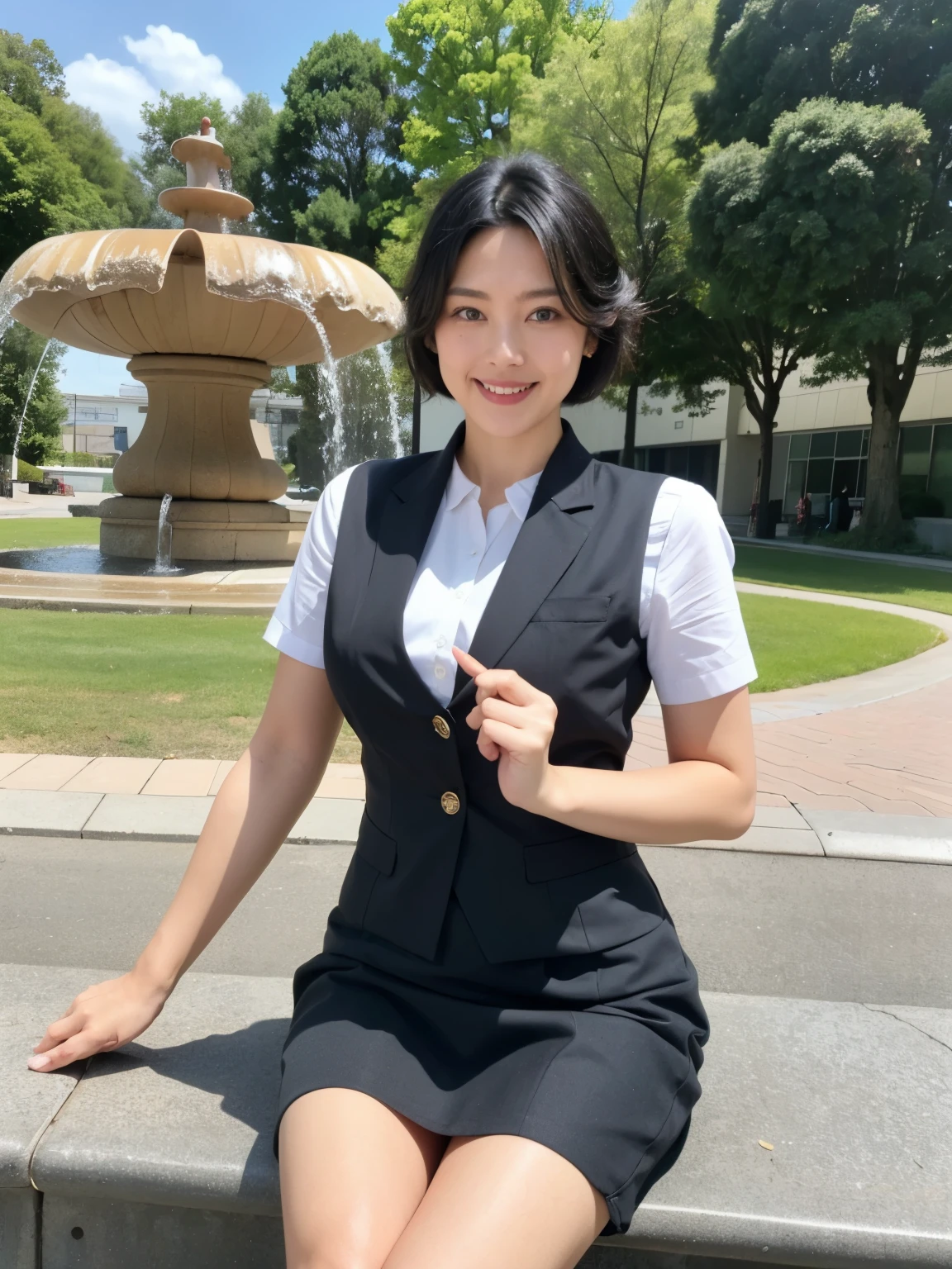最high quality, In 8K, Masseter region, Vibrant, Sharp focus, high quality, High resolution, Detailed face, fine grain, Thick lips, (Looking at the audience), alone, Beautiful woman, 38 years old, Japanese women, ((Very short black hair:1.4))、(Short Bob Hair:1.4), Cleavage, Lunch break、Large city park、Green Grass、In front of a big fountain、(sitting on a park bench:1.3)、(Full body photo:1)、(Japanese women)、(Mitsubishi Bank uniform:1.8), (She is wearing a dark blue vest over a white blouse:1.5), The vest has three gold buttons, (Red ribbon tie:1.6)、(Knee-length dark blue skirt)、(Black pumps:1.5)、(Red lipstick:1)、(smile:1.3)、(standard body type)、(D cup breasts)