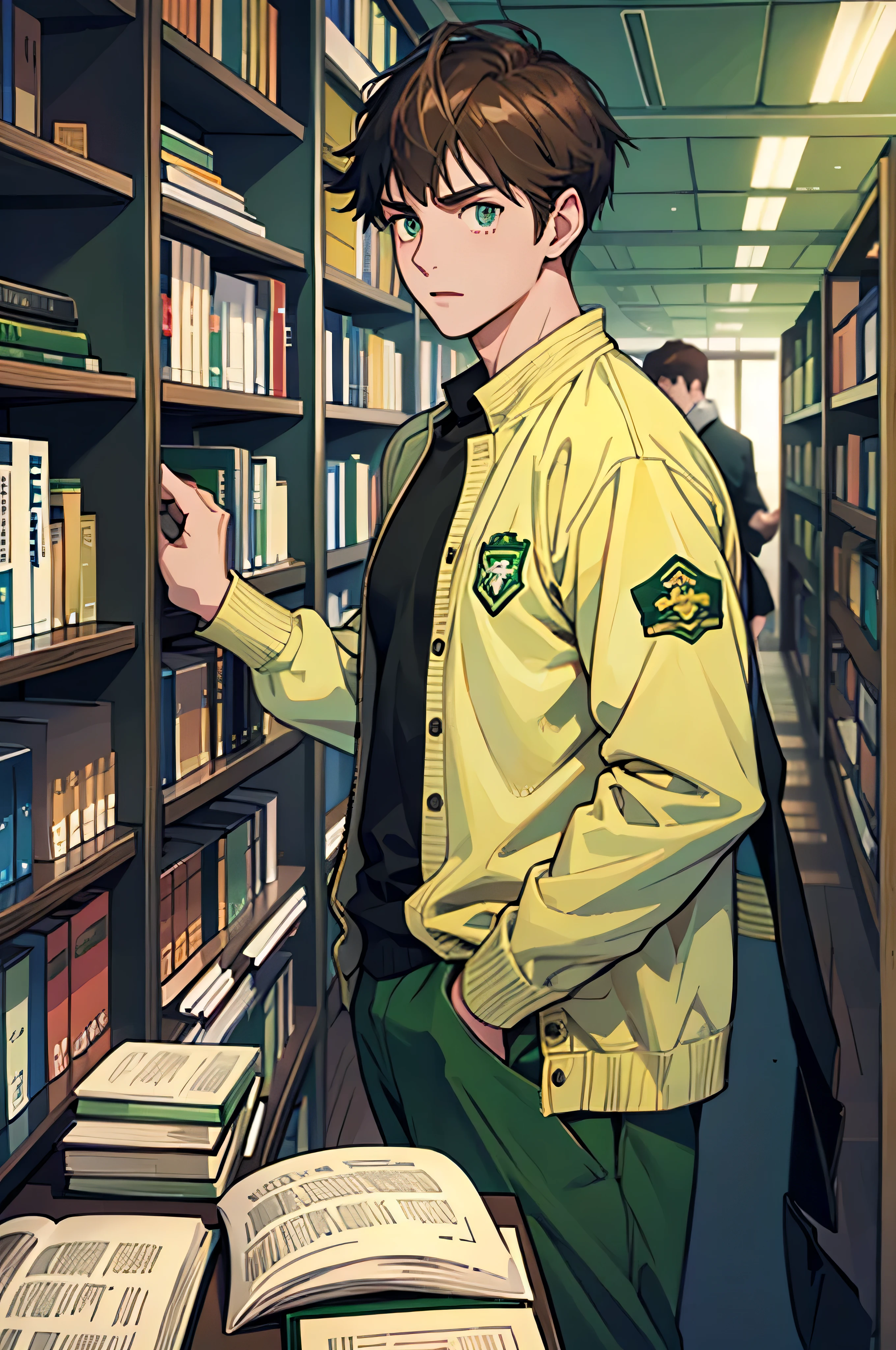 A male brown hair with green eyes student wearing a UA uniform from my hero academia inside the library of UA highschool. He is very cute, the library is full of students.