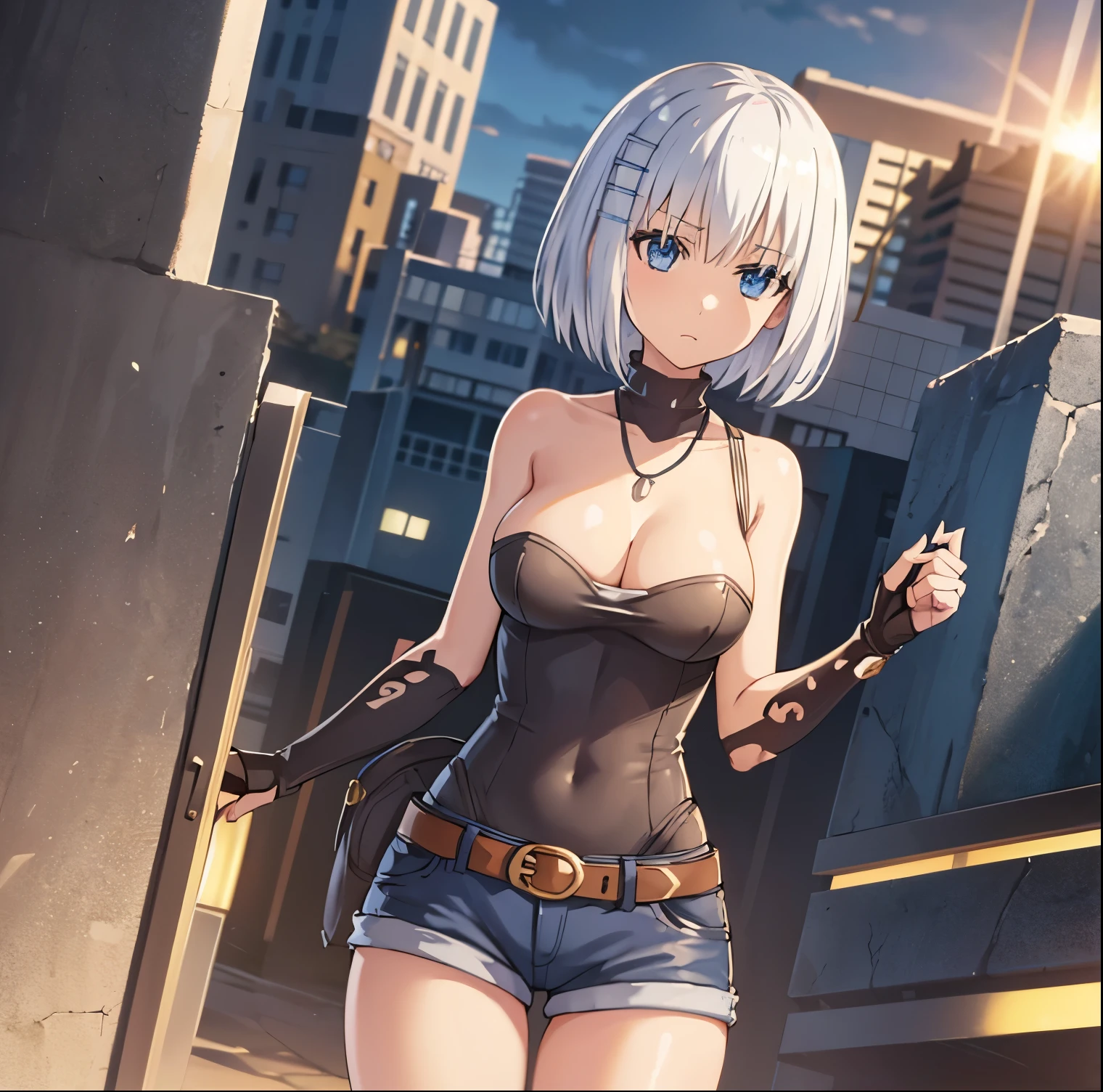 1 girl, alone, origami tobiichi, short hair, blue eyes, shirt, hair ornament, ribbon, bare shoulders, jewelry, white hair, sleeveless, hair clip, necklace, turtleneck, sleeveless turtleneck, strap between breasts, black blouse, cleavage, jean shorts, short shorts, bare legs, standing, outdoors, sky, blue sky, clouds, sun, city, buildings, crowd, people, looking at viewer, head-on, focus on the breasts,pov(from above),large breasts,medium waist,wide hips,medium thighs,round butt,(cowboy photo:1.5),(masterpiece:1.2),best quality,high resolution,background Unity 8k display, (artwork:0.8), (beautiful detailed eyes:1.6), extremely detailed face, perfect lighting, extremely detailed CG (perfect hands, perfect anatomy),