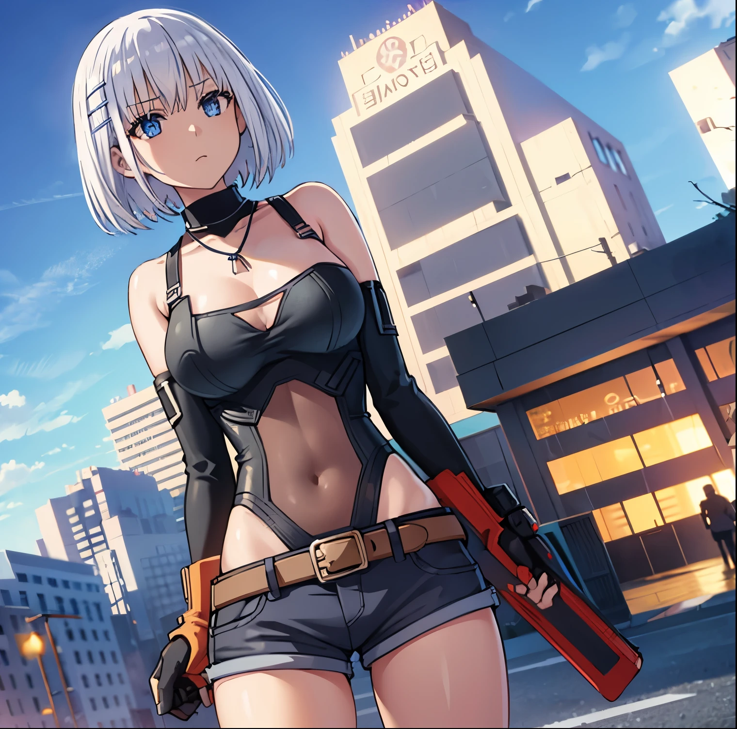 1 girl, alone, origami tobiichi, short hair, blue eyes, shirt, hair ornament, ribbon, bare shoulders, jewelry, white hair, sleeveless, hair clip, necklace, turtleneck, sleeveless turtleneck, strap between breasts, black blouse, cleavage, jean shorts, short shorts, bare legs, standing, outdoors, sky, blue sky, clouds, sun, city, buildings, crowd, people, looking at viewer, head-on, focus on the breasts,pov(from above),large breasts,medium waist,wide hips,medium thighs,round butt,(cowboy photo:1.5),(masterpiece:1.2),best quality,high resolution,background Unity 8k display, (artwork:0.8), (beautiful detailed eyes:1.6), extremely detailed face, perfect lighting, extremely detailed CG (perfect hands, perfect anatomy),