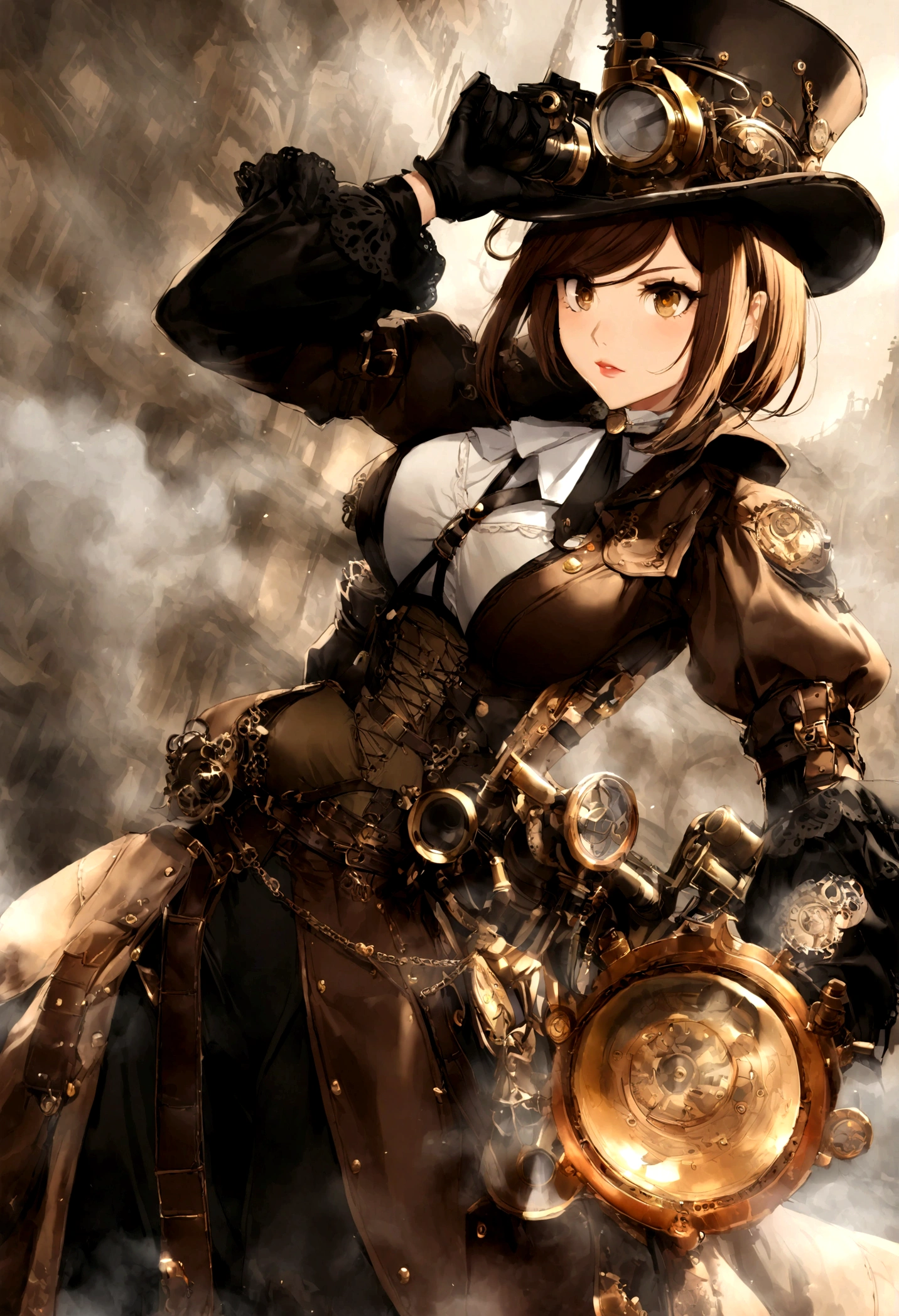 (Super meticulous),(full bodyesbian:1.2), (hair swept bangs:1.3) (brown hair:1.3), araffe dressed in a steam punk outfit and hat holding a gun, steampunk aesthetic, steampunk clothes, magic and steam - punk inspired, in detailed steampunk dress, wearing steampunk attire, steampunk style, fashionable rpg clothing, in a steampunk world, steam punk style, steampunk era, steampunk fantasy style, steampunk-esque!, steampunk beautiful anime woman, ( steampunk ), (steampunk), (beautiful detailed face),(Beautiful and delicate eyes),
