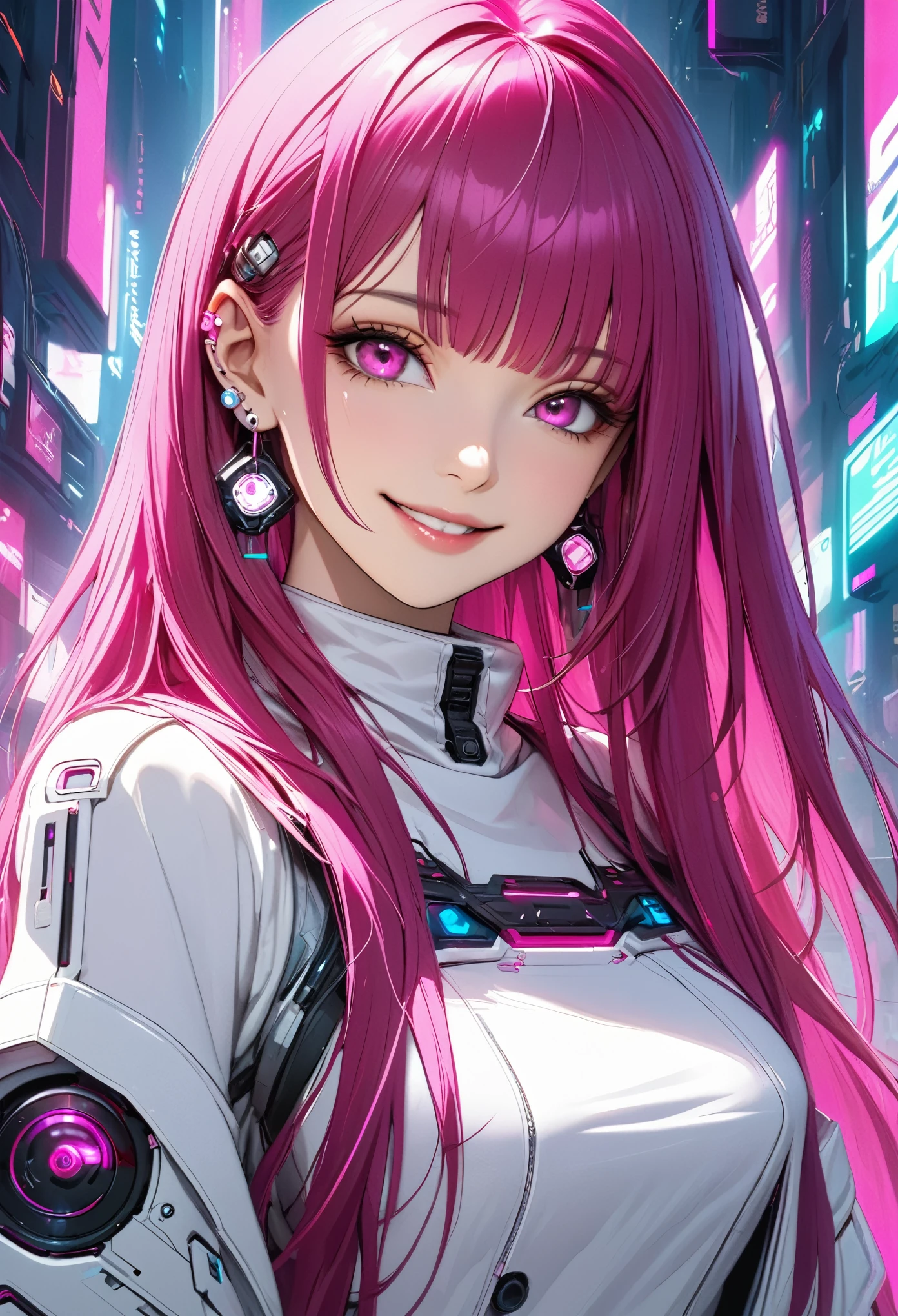 Beautiful, solo, 1 female, mature, long hair, magenta hair with bangs, hotpink eyes, white clothes, smile facial, futuristic, cyberpunk, dices, earrings