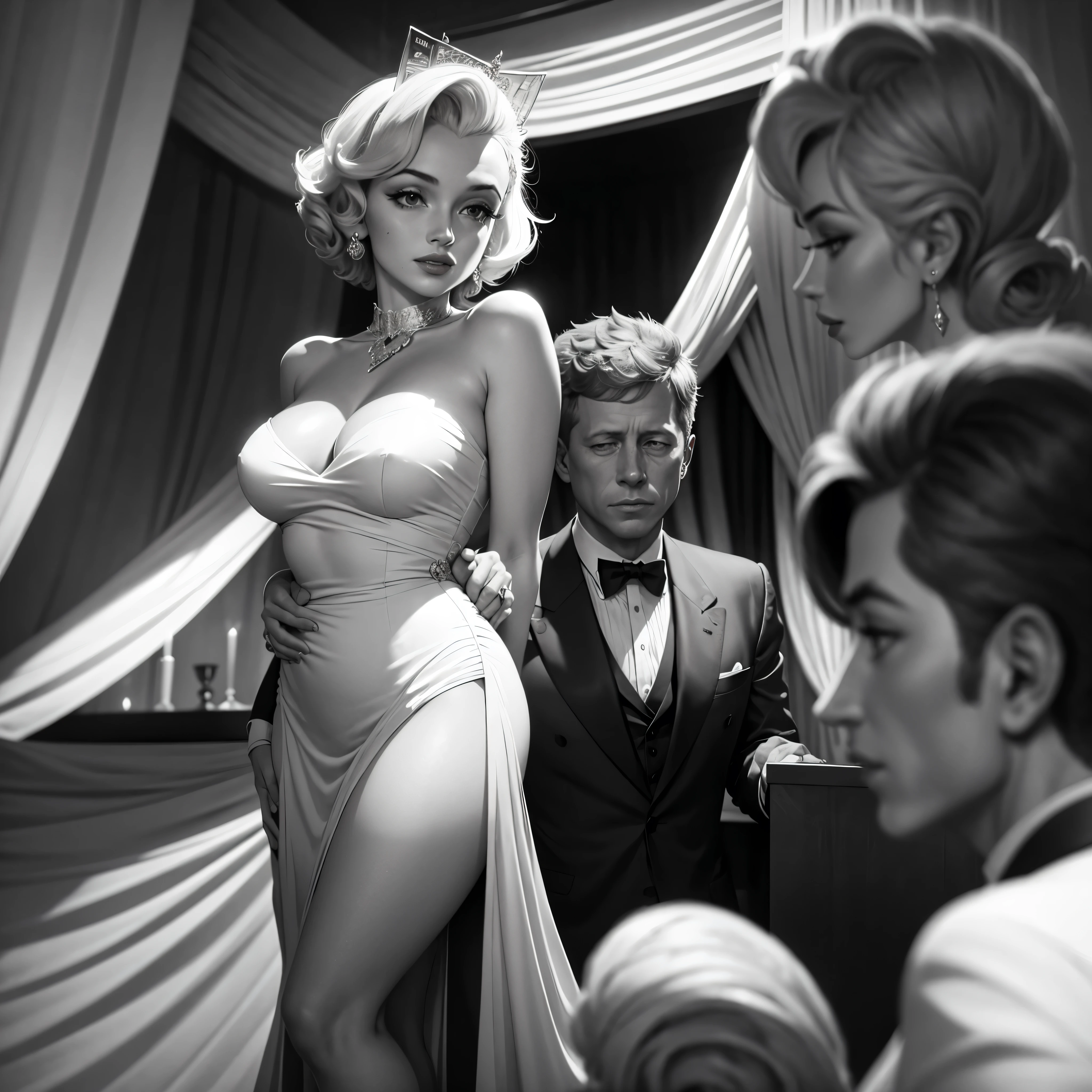 Imagine uma imagem onde Marilyn Monroe e John F. Kennedy are in a vintage setting of a glamorous 1960s event. Marilyn is wearing an iconic dress, surrounded by camera flashes, while JFK is elegantly dressed in a dark suit, trocando olhares significativos com Marilyn. Ao fundo, vislumbres sutis da Casa Branca e de Hollywood complementam a cena, conveying the aura of mystery and glamor that surrounded their relationship." Cores vibrante