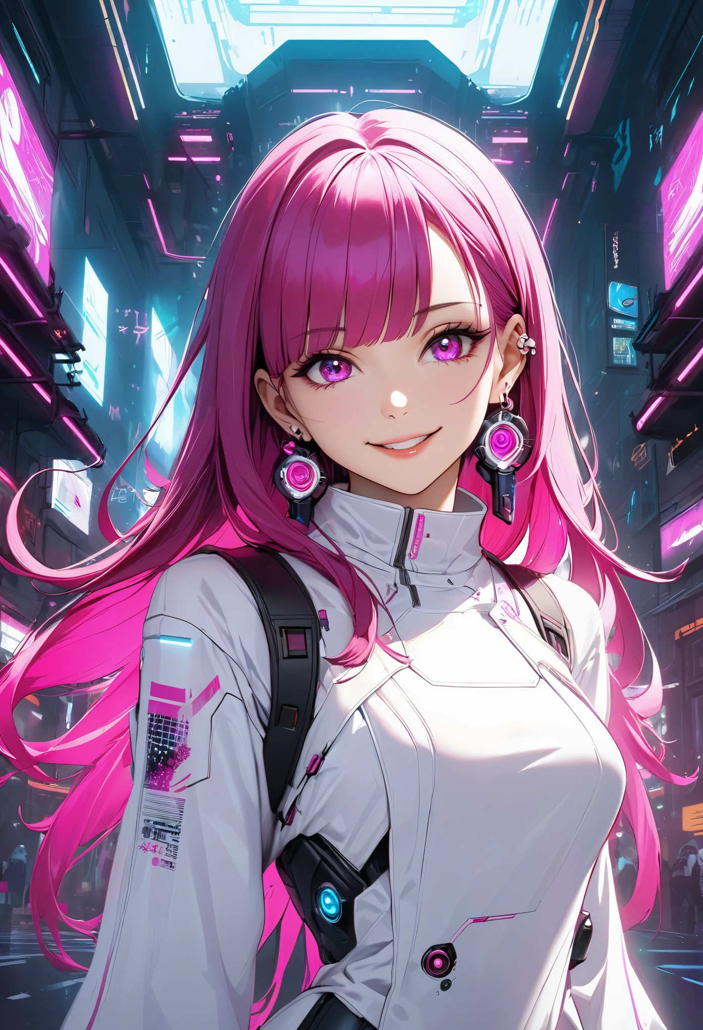 Beautiful, solo, 1 female, mature, long hair, magenta hair with bangs, hotpink eyes, white clothes, smile facial, futuristic, cyberpunk, dices, earrings