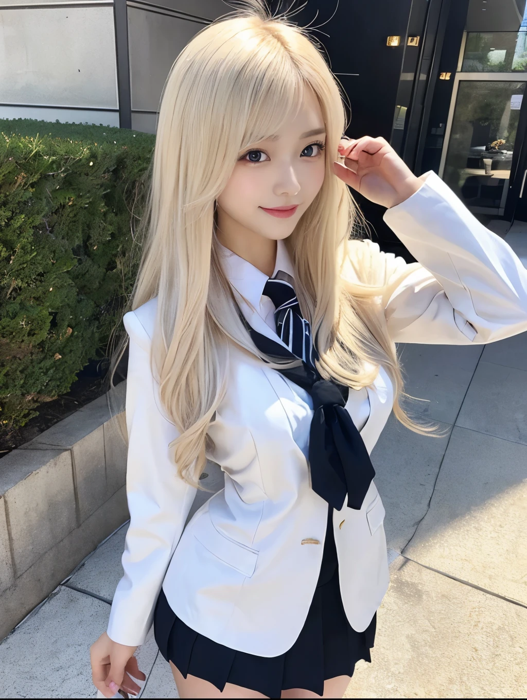 ( Masterpiece, highest quality), 98k, ((Perfect ???????:1.3)),Beautiful Japanese Women, Succubus,alone, 18-year-old, Small face,Cute face:1.2,Smiling, Larger breasts, ,Beautifully detailed round eyes, Evenly spaced eyes 1.2, Long platinum blonde hair,Random Hair, (Highly detailed face and skin texture), Beautiful face in golden proportions,White skin,Accentuate your beautiful legs,(Revealing student uniforms:1.2),Random sexy poses, Sunny day,(Standing like a model:1.3)