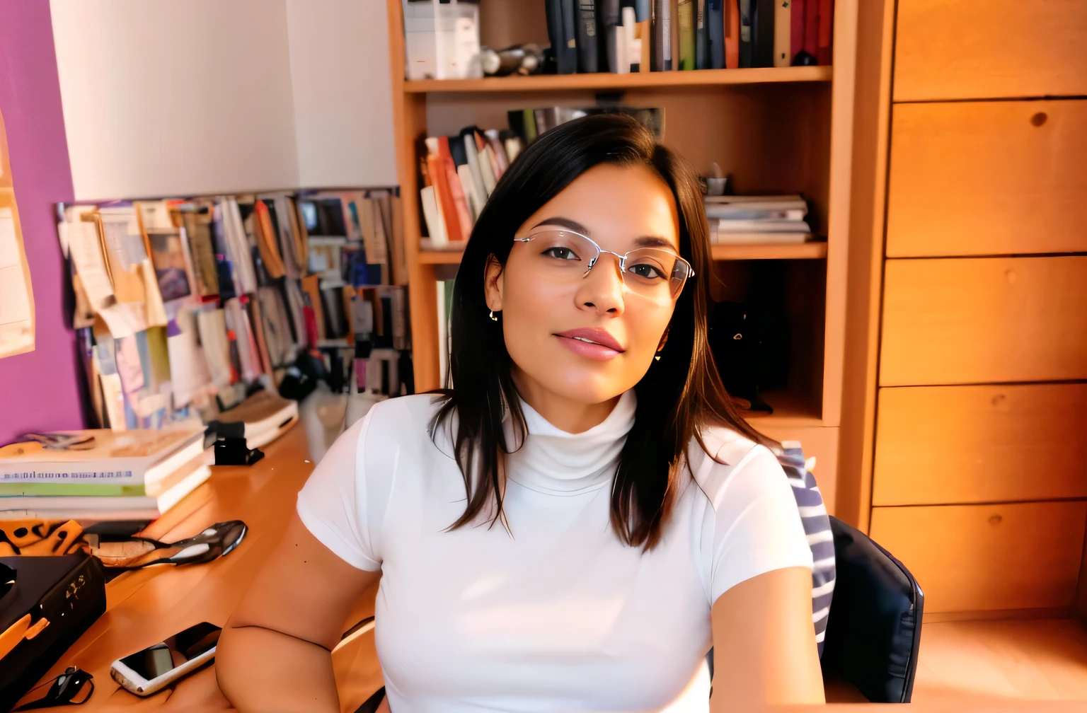 The image shows a woman sitting at a table. She wears glasses and has dark hair. In front of her on the table are several items, including what appears to be a laptop, a cell phone, and some books, papers, and electronic devices, indicating an active workspace. Behind her, a bookshelf filled with numerous books adds to the intellectual atmosphere of the room. The background suggests an indoor environment with shelves full of books and other objects, creating a cluttered appearance. Realistic photo, 30 year old Brazilian. The woman is wearing a white short-sleeved, turtleneck t-shirt. A beautiful woman, with white skin and dark brown hair. She is about 45 years old, 165 cm tall and weighs 56 kg. She has a perfect mouth, medium breasts, a perfect face. Her body exudes glamor and her face is a definition of beauty. Slender body, thin waist. Highly realistic, hyperrealism, very elaborate skin. Clear photo, high resolution, high quality, masterpiece, 16K photo, high contrast, masterpiece, NUDE, NUDITY, NFSW.