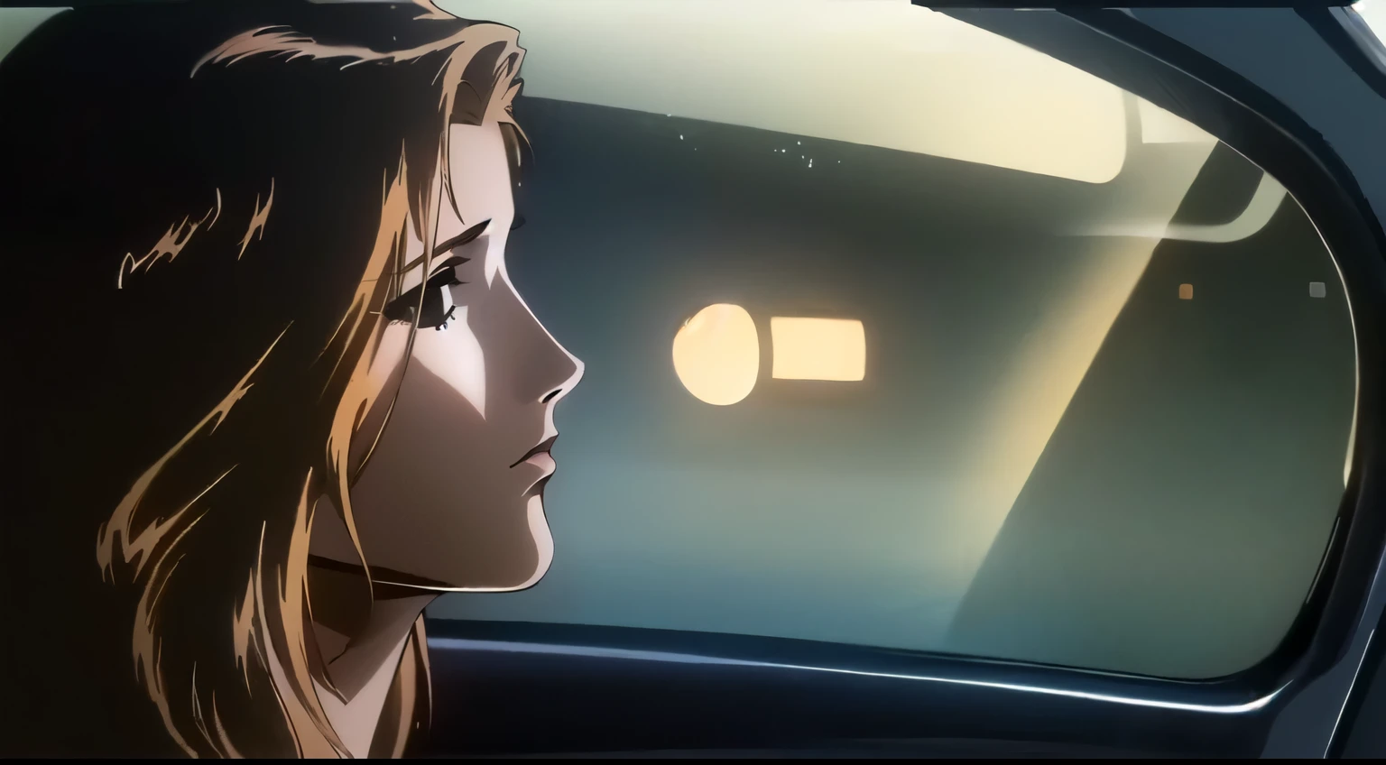 Image of woman inside a car viewed from profile. Her hair is dark blond. She appears to look at something ahead, creating an atmosphere of concentration. The image has a cinematic quality, with a shallow depth of field focusing on the woman while the end of the day background is blurred.