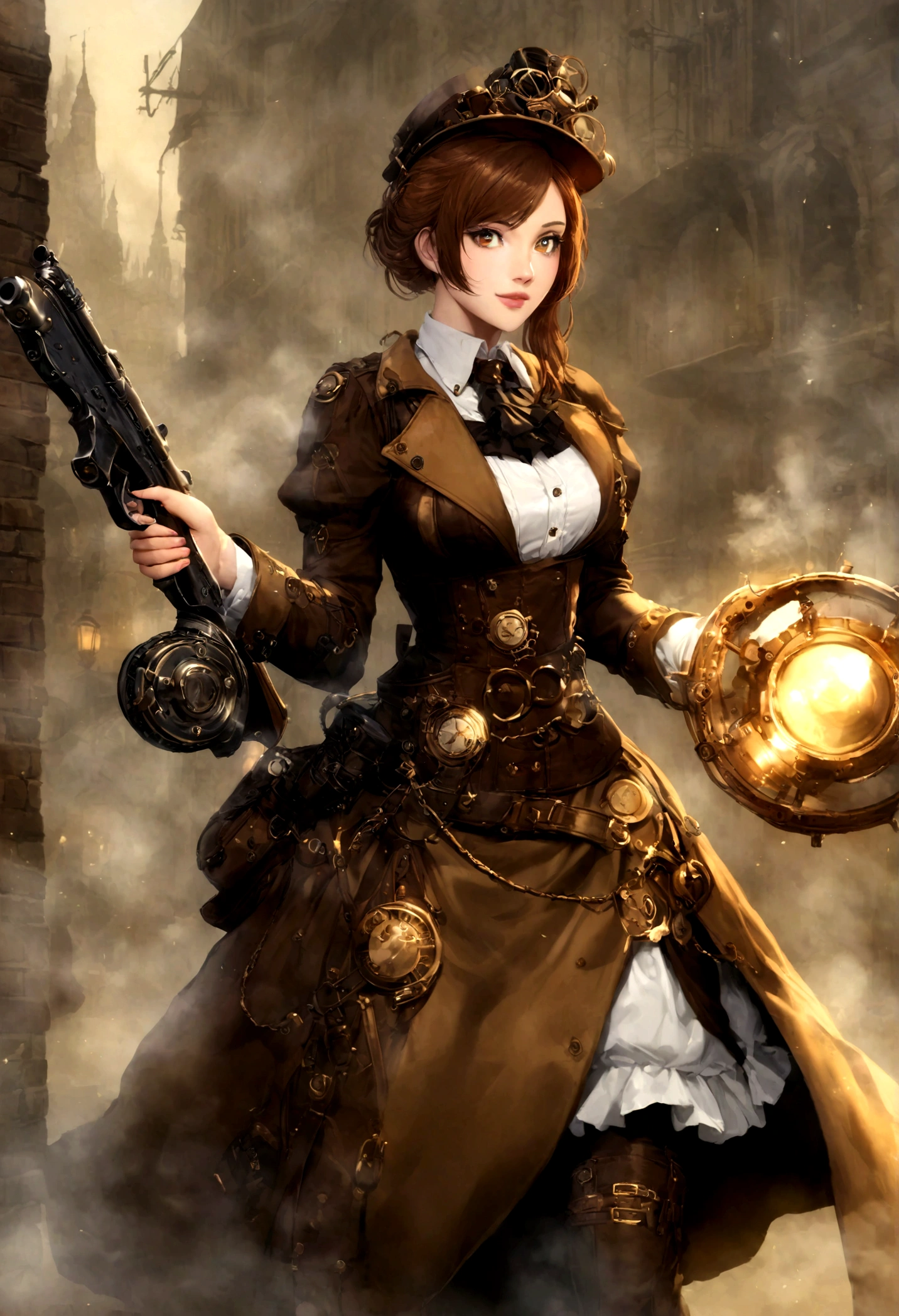 (full bodyesbian:1.2), (hair swept bangs:1.3) (brown hair:1.3), araffe dressed in a steam punk outfit and hat holding a gun, steampunk aesthetic, steampunk clothes, magic and steam - punk inspired, in detailed steampunk dress, wearing steampunk attire, steampunk style, fashionable rpg clothing, in a steampunk world, steam punk style, steampunk era, steampunk fantasy style, steampunk-esque!, steampunk beautiful anime woman, ( steampunk ), (steampunk), (beautiful detailed face),(Beautiful and delicate eyes),