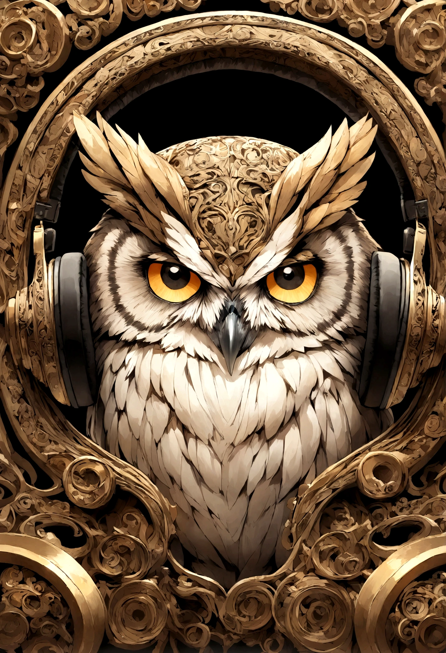 Owl listening to music through headphones