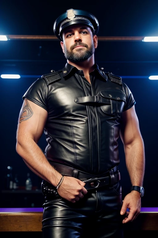 A police muscular shirtless arabian men, leather harness, briefs(underwear), black gloves, outdoor, dark short hair