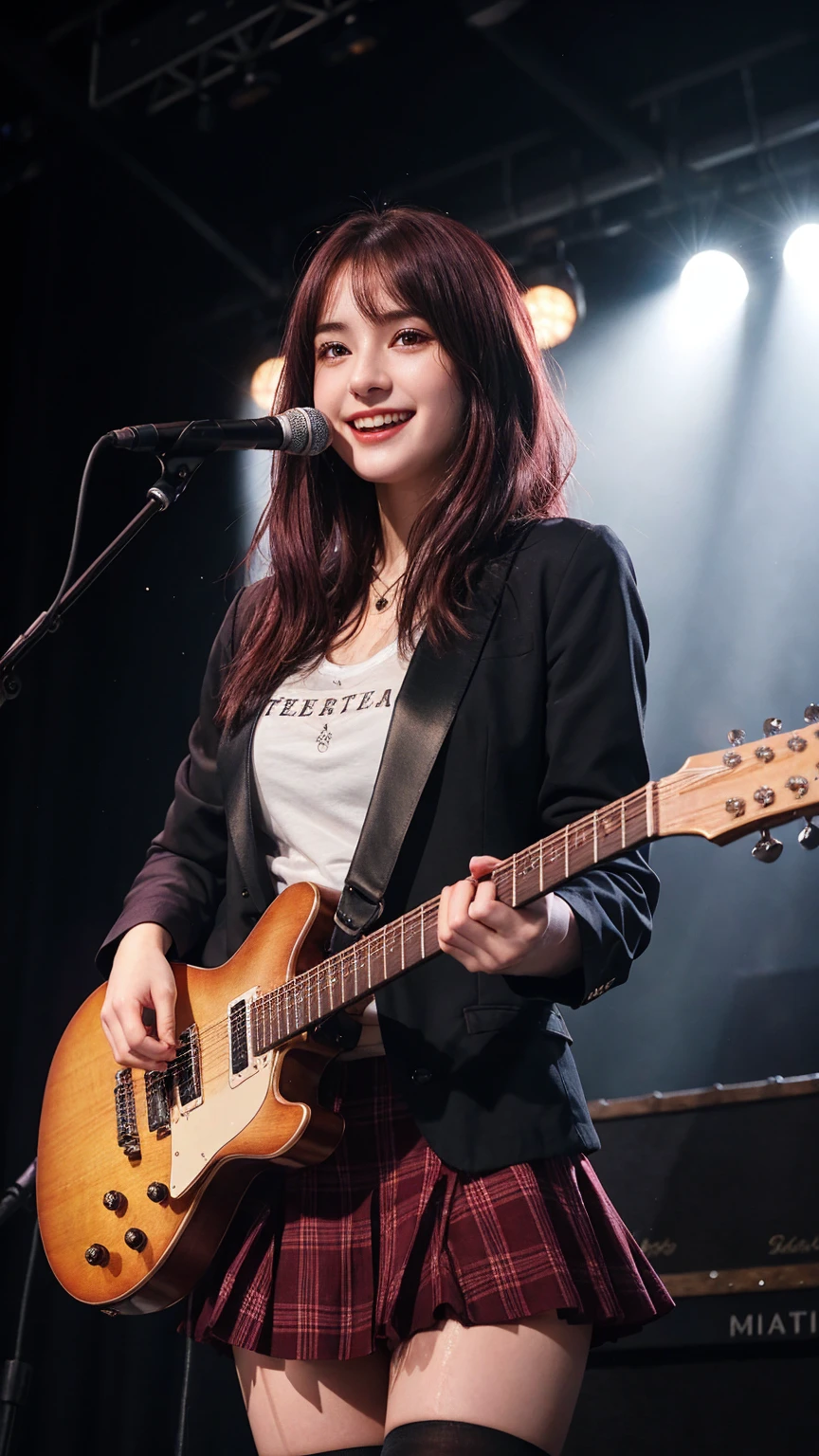((best quality)), photorealistic, photorealism, Photorealistic, high resolution, school girl blazer、 black t shirt、Red checked knee-length skirt、Long skirt、JK Style、Jacket、smile、Knee-high socks、Thigh-high socks、pantyhose、A superb beauty、Super cute、ennui、Rare beauty、Short hair、Black Dark Eyeshadow、Sad、white skin、pale skin, short hair straightener、Dark Gothic Makeup、Cute Smile、Fragrant beauty、Stained glass background、Mastepiece、Best Quality、Refers to 5 books、Sweat glistening on my chest、Sweat glistening on my face、Small breasts、Maroon hair、Age 20 years old、Mysterious look、A sad expression、Maroon Hair、mysterious gothic church、enchanting castle、Sweating profusely all over the body、A lot of sweat and light on the thighs、Shiny thighs、Plenty of sweat glistening on the thighs、A large amount of sweat glistens on my thighs、Sweating profusely、Gal、Medium breasts、beautiful face、Alluring expression、Thin thighs、Playing electric guitar、I have an electric guitar、Sing a song enthusiastically、Playing guitar in a band、Playing guitar chords、Live House Background、Sing a song、Open your mouth、Live house scenery、Mike stand、Glamorous live stage、Dynamic Angle、cinematic lighting