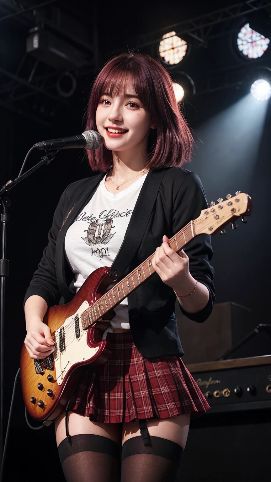 ((best quality)), photorealistic, photorealism, Photorealistic, high resolution, school girl blazer、 black t shirt、Red checked knee-length skirt、Long skirt、JK Style、Jacket、smile、Knee-high socks、Thigh-high socks、pantyhose、A superb beauty、Super cute、ennui、Rare beauty、Short hair、Black Dark Eyeshadow、Sad、white skin、pale skin, short hair straightener、Dark Gothic Makeup、Cute Smile、Fragrant beauty、Stained glass background、Mastepiece、Best Quality、Refers to 5 books、Sweat glistening on my chest、Sweat glistening on my face、Small breasts、Maroon hair、Age 20 years old、Mysterious look、A sad expression、Maroon Hair、mysterious gothic church、enchanting castle、Sweating profusely all over the body、A lot of sweat and light on the thighs、Shiny thighs、Plenty of sweat glistening on the thighs、A large amount of sweat glistens on my thighs、Sweating profusely、Gal、Medium breasts、beautiful face、Alluring expression、Thin thighs、Playing electric guitar、I have an electric guitar、Sing a song enthusiastically、Playing guitar in a band、Playing guitar chords、Live House Background、Sing a song、Open your mouth、Live house scenery、Mike stand、Glamorous live stage、Dynamic Angle、cinematic lighting