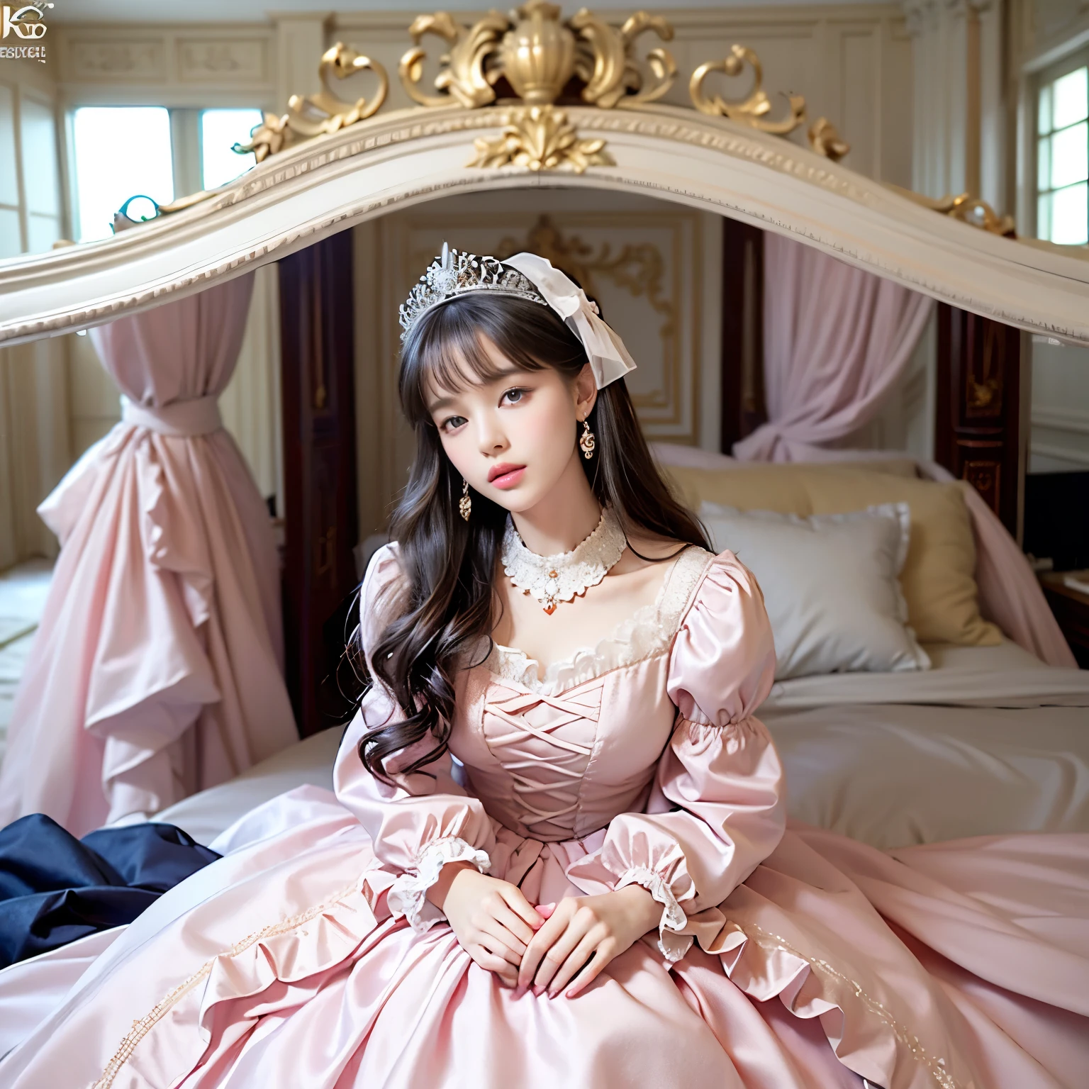 ,best quality, masterpiece, highest resolution, illustration, super それにget used to it, many get used to it, get used to it, それにget used to it, 3K realistic photos,,(( when i was 10 years old)),highly detailed baby face,she is a princess,Full length ball gown dress with hoop skirt,Ruffled yoke collar,puff sleeves,long sleeves,((****ta style hot pink detail princess satin dress、It has a lot of frills and ribbons.。)),Gorgeous Rococo Fashion,Shiny satin dress,soft and smooth fabric,Luxury,long blonde hair,blue eyes,white skin european,Pajamas,((Inside the palace)),,,(( when i was 10 years old)),highly detailed baby face,Full length ball gown dress with hoop skirt,long skirt,Ruffled yoke collar,puff sleeves,腰まで伸びるlong blonde hair,blue eyes,white skin european,Pajamas,((Inside the palace bedroom)),ピンクのシルクサテンのLuxuryなCanopy bedの上,Canopy bed,Luxurious curtains under a canopy,There are many frilly pillows on the bed,highly detailed background,detail bed,silk satin bed sheets,soft silk satin comforter,Soft silk satin ruffle pillow in pastel colors,Romantic atmosphere,The little princess is sitting on the bed,boss&#39;boss&#39;Don&#39;t spread your feet to the side,beautiful girl illustration,detailed beautiful face detailed hair,detailed human eye ,detailed mouth, arm details,good hands,detailed pillow,