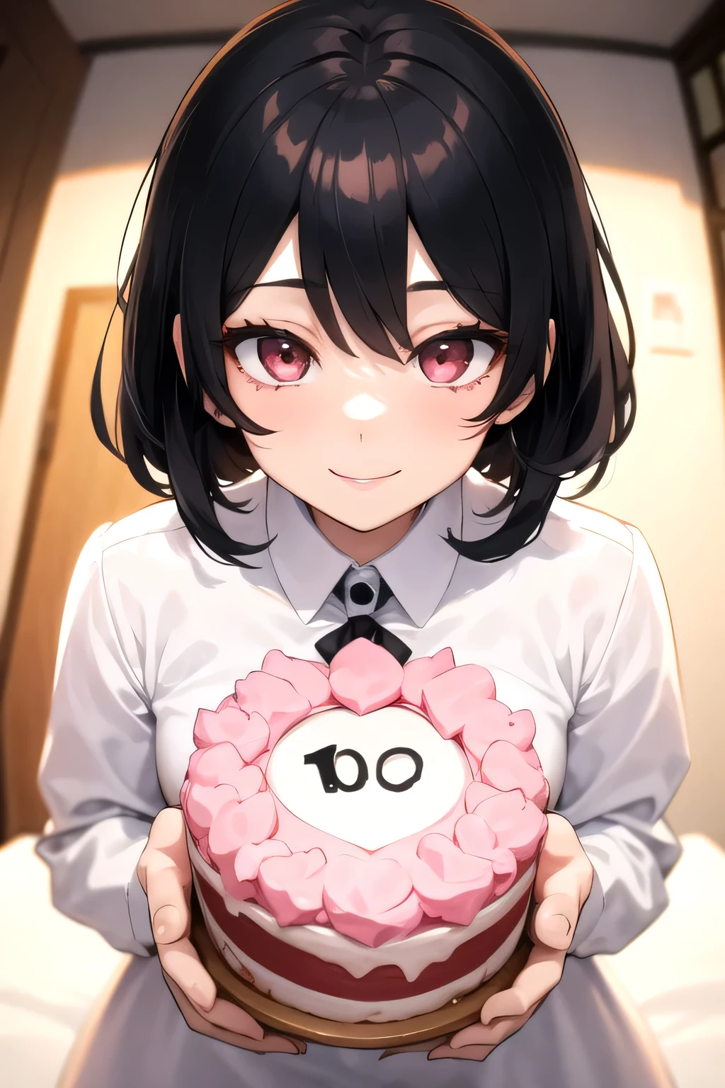 Girl with short messy black hair and pink love eyes, wearing a short white dress and holding a cake numbered 100, with a sweet smiling facial expression