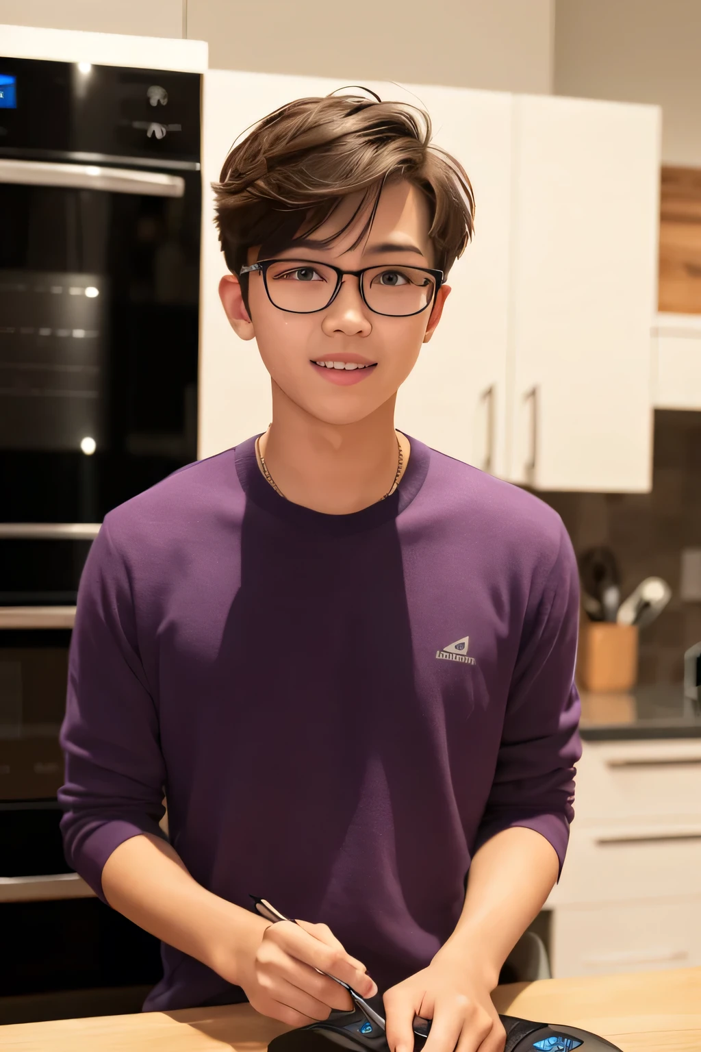 A boy wearing glasses who is knowledgeable about home appliances