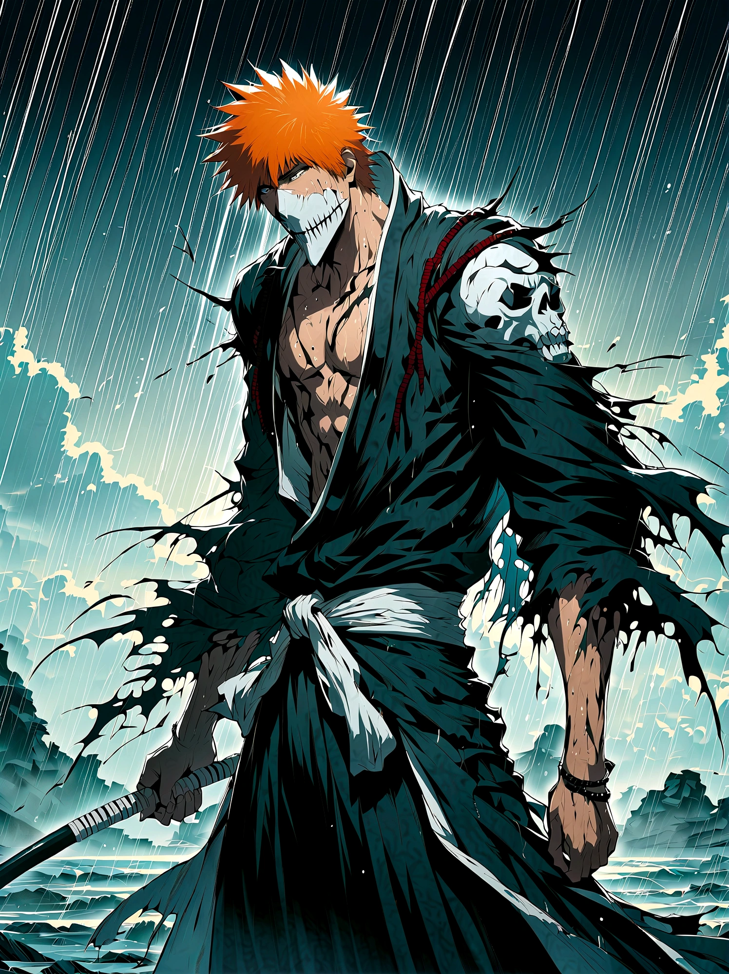 1boy, male focus, kurosaki ichigo, bleach, (White skull mask on face)，Disheveled black hair，Black hakama pants，(Black Tai Dao:1.3)，Damaged clothes，outdoor，rain，Very aesthetic，illustration，Perfect composition，Wet skin，Intricate details