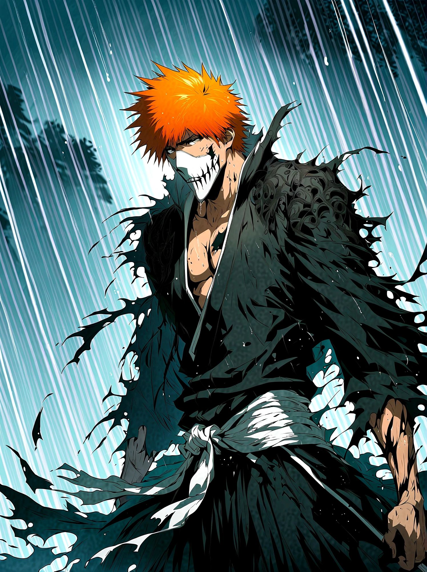 1boy, male focus, kurosaki ichigo, bleach, (White skull mask on face),Disheveled black hair,Black hakama pants,(Black Tai Dao:1.3),Damaged clothes,outdoor,rain,Very aesthetic,illustration,Perfect composition,Wet skin,Intricate details