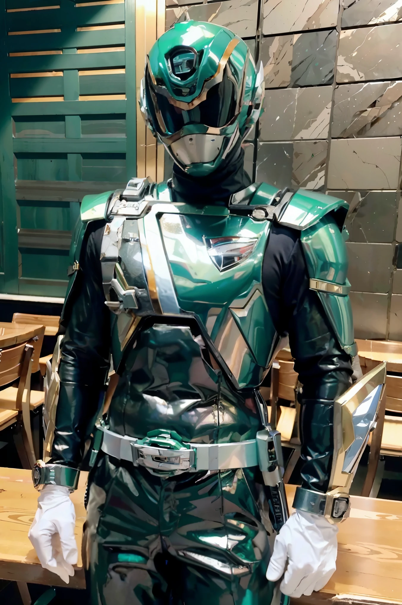 Fantasy background, cafe rpg style, empty chair, table, set of tea glass, (power rangers)), One guy、, ((green ranger suit)), red and blue chest armor with gold details, costume, Solo, ((fit figure)), (Anatomically correct), Cowboy shot, masked face, guns, muscular build