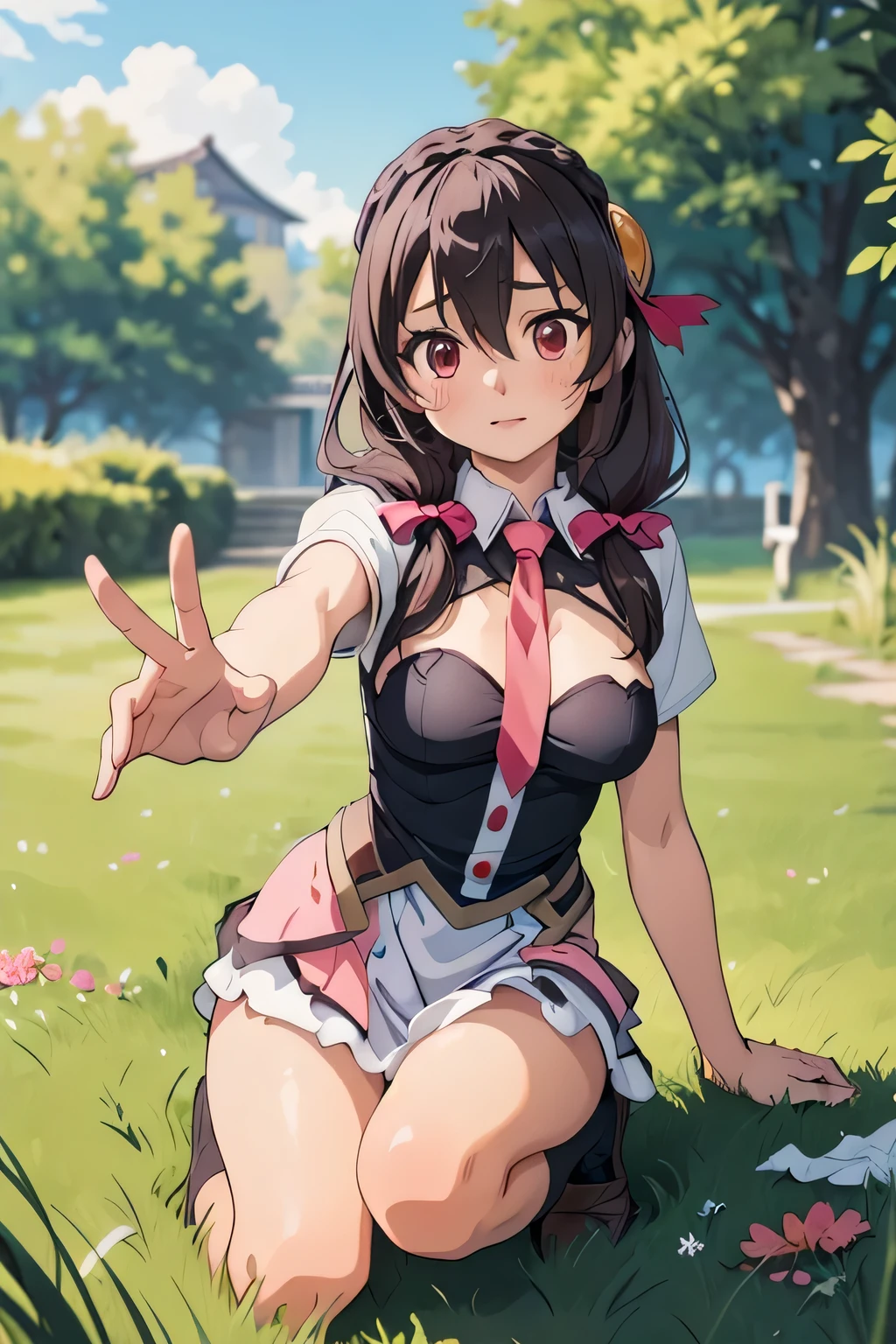 (masterpiece, highest quality), One girl,    Yunyun,Long Hair,Braiding,Twin tails,Hair between the eyes,Hair Ribbon,hair ornaments,Slightly larger breasts,tie,Pink Skirt、Cool pose、grass、Decisive Face