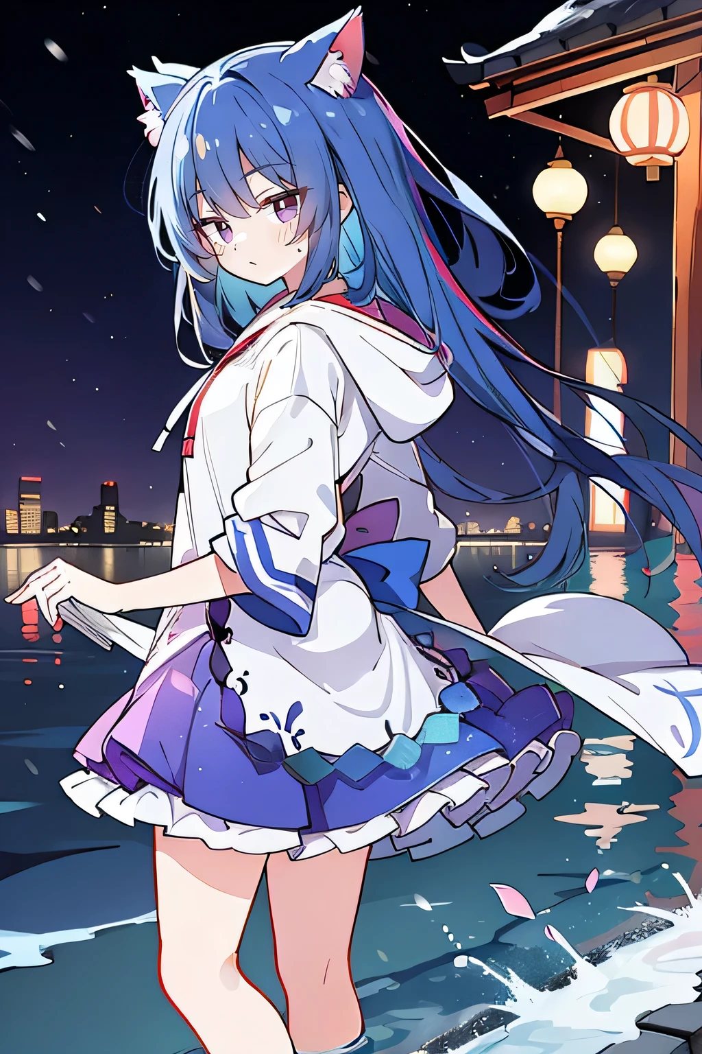 (masterpiece:1.2),Super detailed,lifelike,Expressive eyes,fair skin,perfect face shape,1 girl,
Japanese comics,Gorgeous blue hair,flowing blue hair,flowing clothes,Cat ears,Petals fall,beautiful lola,Baby Angel,
Shaking head with one hand,Cross your legs,Gentle and peaceful background,The pavilion is cool and comfortable,smile, wearing hoodie, background of tokyo,back views,snowing, winter,lie on the water.