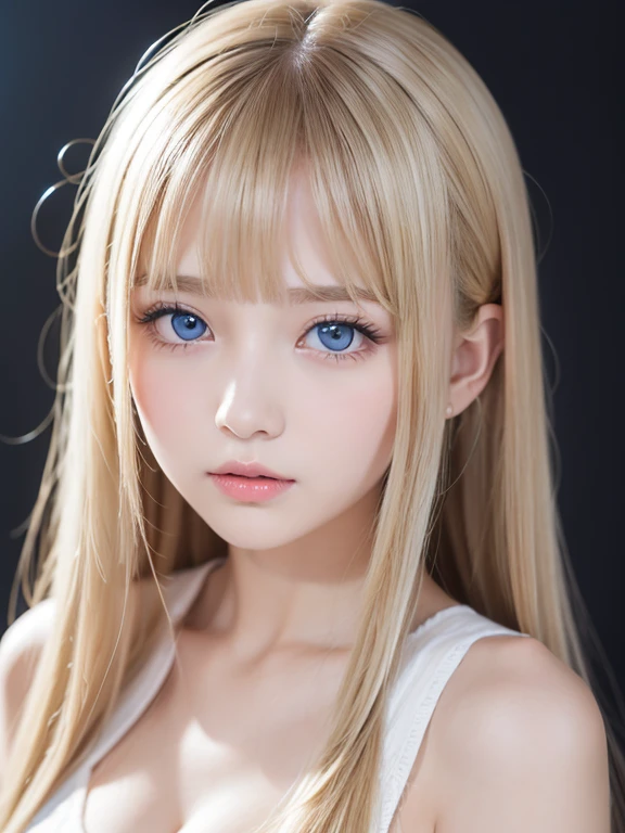 Very beautiful shiny cute face、shiny beautiful white skin、Highlights of glowing cheeks、Beautiful cute sexy pale blue eyes、Big double eyelid eyes、Beautiful very long shiny silky pale blonde straight hair、Sexy 15 years old、Cute beautiful girl with long bangs swaying、The most beautiful western girls in the world、Round face、Adorable appearance、