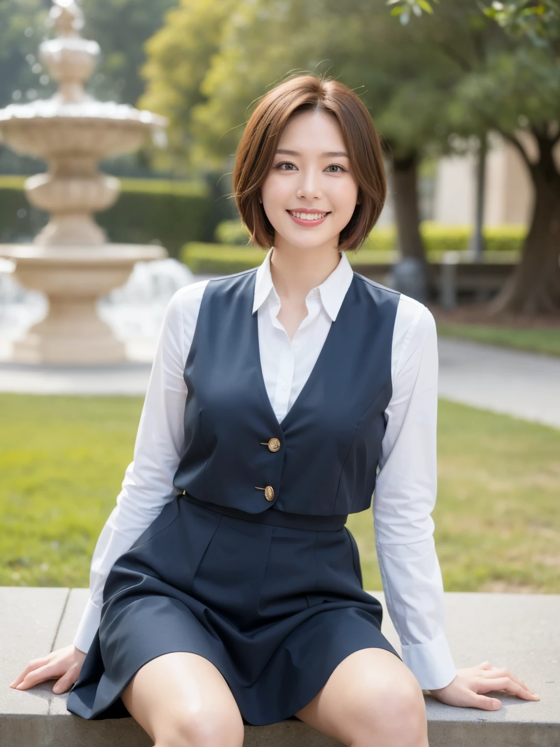 最high quality, In 8K, Masseter region, Vibrant, Sharp focus, high quality, High resolution, Detailed face, fine grain, Thick lips, (Looking at the audience), alone, Beautiful woman, 38 years old, Japanese women, ((very short brown hair:1.4))、(Short Bob Hair:1.4), Cleavage, Lunch break、Large city park、Green Grass、In front of a big fountain、(sitting on a park bench:1.3)、(Full body photo:1)、(Japanese women)、(Mitsubishi Bank uniform:1.8), (She is wearing a dark blue vest over a white blouse:1.5), The vest has three gold buttons, (A red scarf around her neck:1.3)、(Knee-length dark blue skirt)、(Black pumps:1.5)、(Red lipstick:1)、(smile:1.3)、(standard body type)、(D cup breasts)