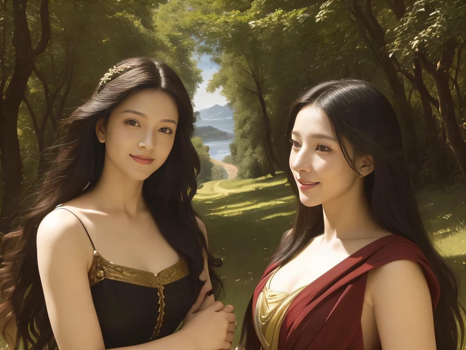 Giorgione painting style,Barbizon forest A beautiful woman in Greek dress smiles on the shore,Sweet and seductive appearance.、Caravaggio's paintings、Chiaroscuro of Caravaggio、hair tousled by the wind,Two women frolicking,cute smile, expression of ecstasy,Sexy,erotic, full body portrait
