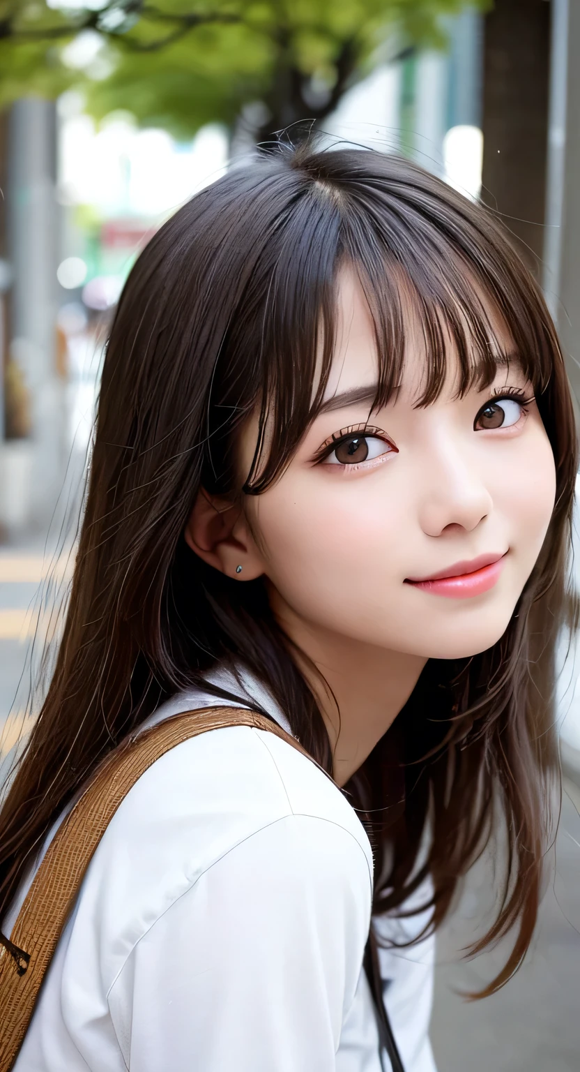 Fine details, High resolution, high quality、Perfect dynamic composition, Beautiful detailed eyes, Medium Hair, Small breasts、Natural color lip,Looking up、Shibuya-kei、20 year old girl、1 person、Clear skin、Shiny Hair、A sloppy smile、Mastepiece, Best Quality, Illustration, Super detailed, Fine details, High resolution, 8K、The correct state of the human body、squat、Gravure model pose，Hair flying in the wind、（I have an electric guitar）、（White shirt）