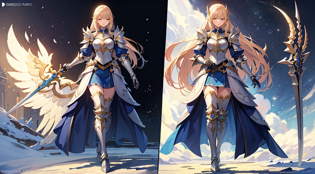 (((masterpiece, best quality, high detailed, 8k))) Design a layout showcase Gaming character, (1girl). valkyrie White|Blue|Gold armor, elegant and majestic. ((showcase weapon:1.4)), celestial sword. (masterpiece:1.2), (best quality), 4k, ultra-detailed. (Step by step design, layout art:1.5), (luminous lighting, atmospheric lighting). divine warrior, ((glove full hands)), (((regal armor:1.3))), shoulder pauldrons, armored boots, (((full_body_shot:1.4))). {In a radiant celestial realm}.