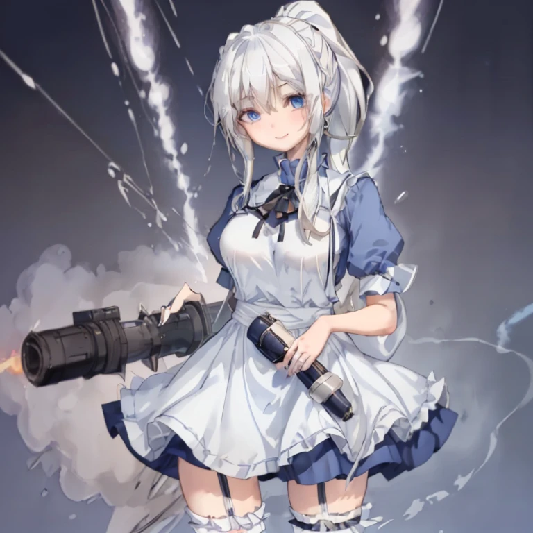 1 girl、Mature、Ample breasts、White hair long hair、ponytail、ハイponytail、Blue Eyes、Sharp Eyes、Maid clothes、Miniskirt、Thighs、garter、Fishnet tights、Short sleeve、Holding a bazooka、A seductive smile、Looking down、Huge flame behind、explosion、High resolution、highest quality