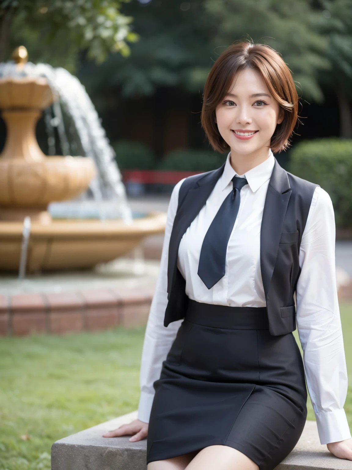 最high quality, In 8K, Masseter region, Vibrant, Sharp focus, high quality, High resolution, Detailed face, fine grain, Thick lips, (Looking at the audience), alone, Beautiful woman, 38 years old, Japanese women, ((Very short brown hair:1.4))、(Short Bob Hair:1.4), Cleavage, Lunch break、Large city park、Green Grass、In front of a big fountain、(sitting on a park bench:1.3)、(Full body photo:1)、(Japanese women)、(Mitsubishi Bank uniform:1.8), (She is wearing a dark blue vest over a white blouse:1.5), The vest has three gold buttons, ((Red ribbon tie:1.3))、(Knee-length dark blue skirt)、(Black pumps:1.5)、(Red lipstick:1)、(smile:1.3)、(standard body type)、(D cup breasts)