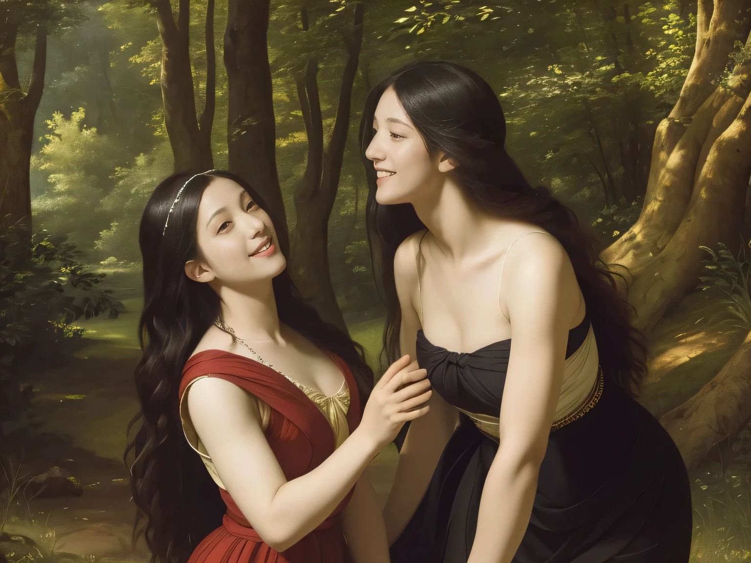 Giorgione painting style,Barbizon forest A beautiful woman in Greek dress smiles on the shore,Sweet and seductive appearance.、Caravaggio's paintings、Chiaroscuro of Caravaggio、hair tousled by the wind,Two women frolicking,cute smile, expression of ecstasy,Sexy,erotic, full body portrait