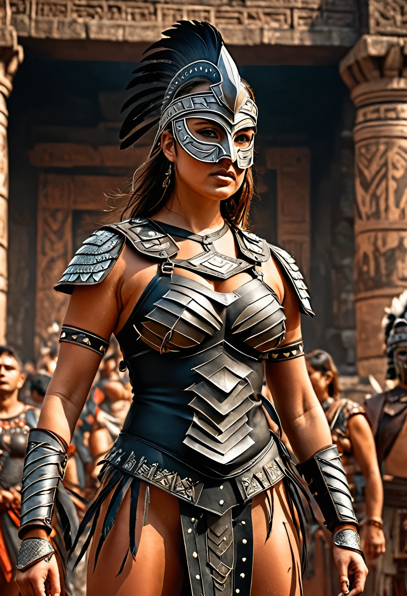 close up, photorealistic, (masterpiece:1.3), (best quality:1.3), beautiful, (intricate details), unity 8k wallpaper, ultra detailed, beautiful, aesthetic, perfect lighting, crowd around WestGark, very strong woman, (muscular:1.2), wearing leather plastron armor, wearing animal mask with feathers, wearing toga, hunting,  (aztec temple background:1.0),  (perfect hands:1.2),,