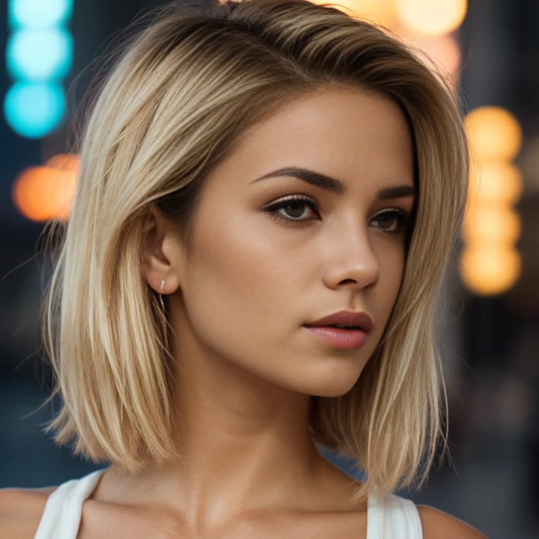 A beautiful blonde woman with a blonde bob, glasses, naked, with small breasts, wearing sunglasses, stands on a big city street at night under neon lights, blurred background, bokeh, photorealistic, (best quality, 4k, 8k, high resolution, masterpiece: 1.2), ultra-detailed (realistic, photorealistic, photorealistic: 1.37), cinematic lighting, dramatic atmosphere, vivid colors, intricate details