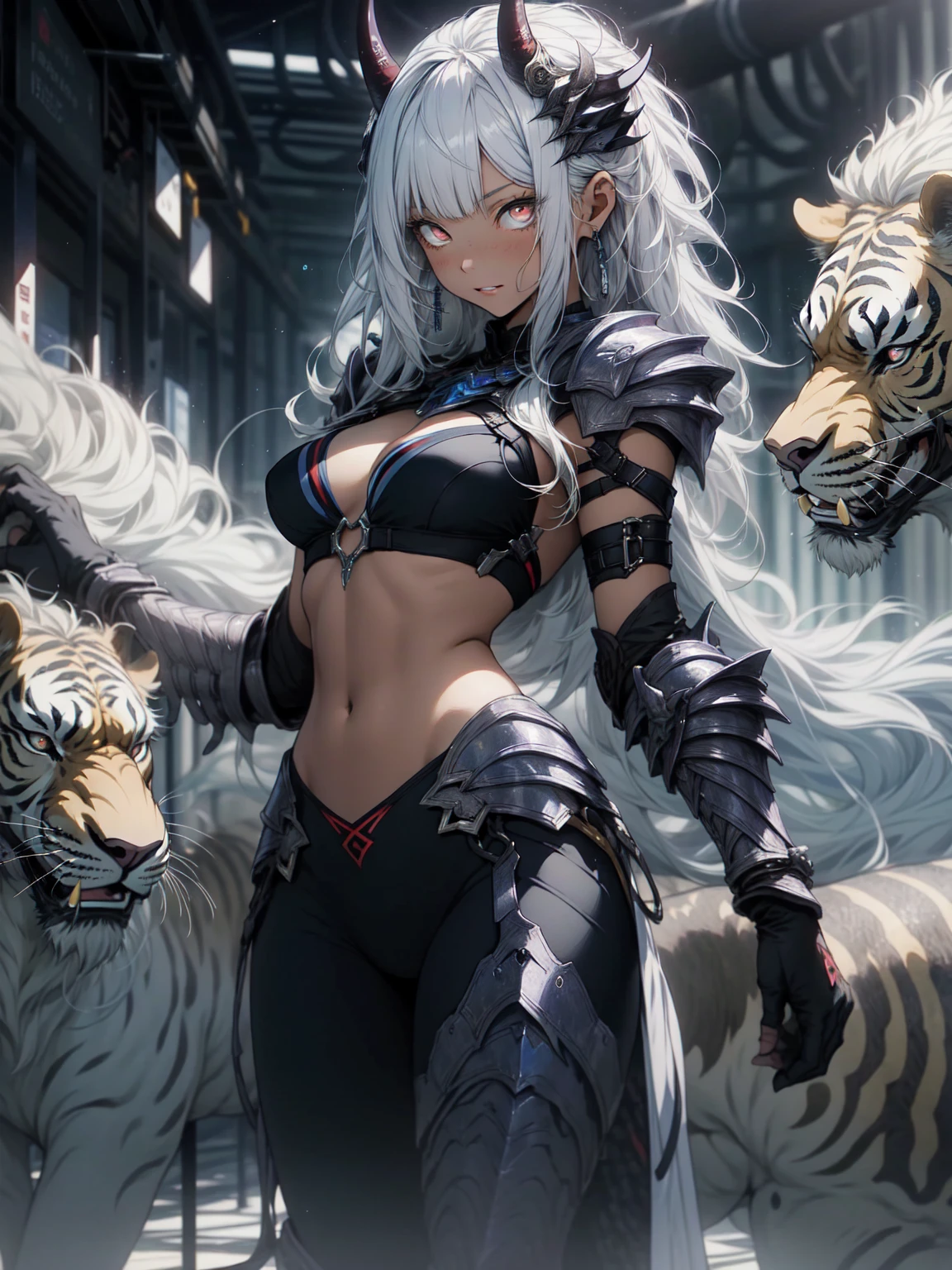 Be realistic，（masterpiece，highest quality，highest quality，Very detailed，Fractal Art，Most detailed，（Abstract background：1.5）（1 girl），Kamimei，（Silver long hair），（Sparkling red eyes and beautiful white hair、Big Breasts，Toned Abs)，Abyss Stick、crystallization，bikini、High leg，Sexy，Machine Armor、Demon Horn、Berserk、Large scratches