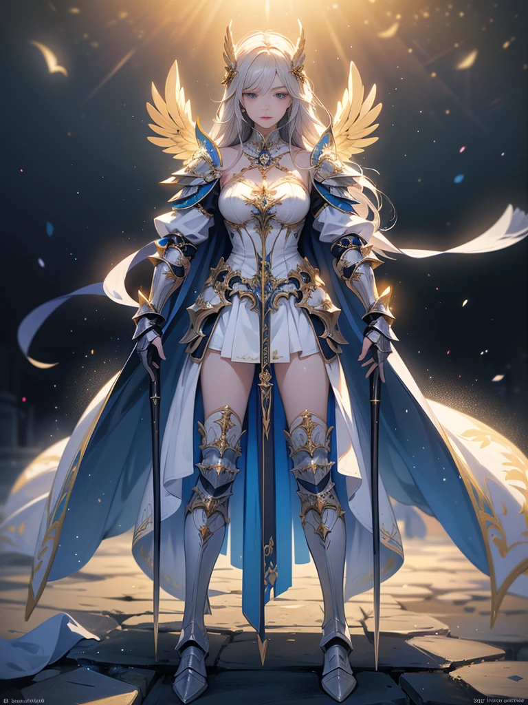 (((masterpiece, best quality, high detailed, 8k))) Design a layout showcase Gaming character, (1girl). valkyrie White|Blue|Gold armor, elegant and majestic. ((showcase weapon:1.4)), celestial sword. (masterpiece:1.2), (best quality), 4k, ultra-detailed. (Step by step design, layout art:1.5), (luminous lighting, atmospheric lighting). divine warrior, ((glove full hands)), (((regal armor:1.3))), shoulder pauldrons, armored boots, (((full_body_shot:1.4))). {In a radiant celestial realm}.