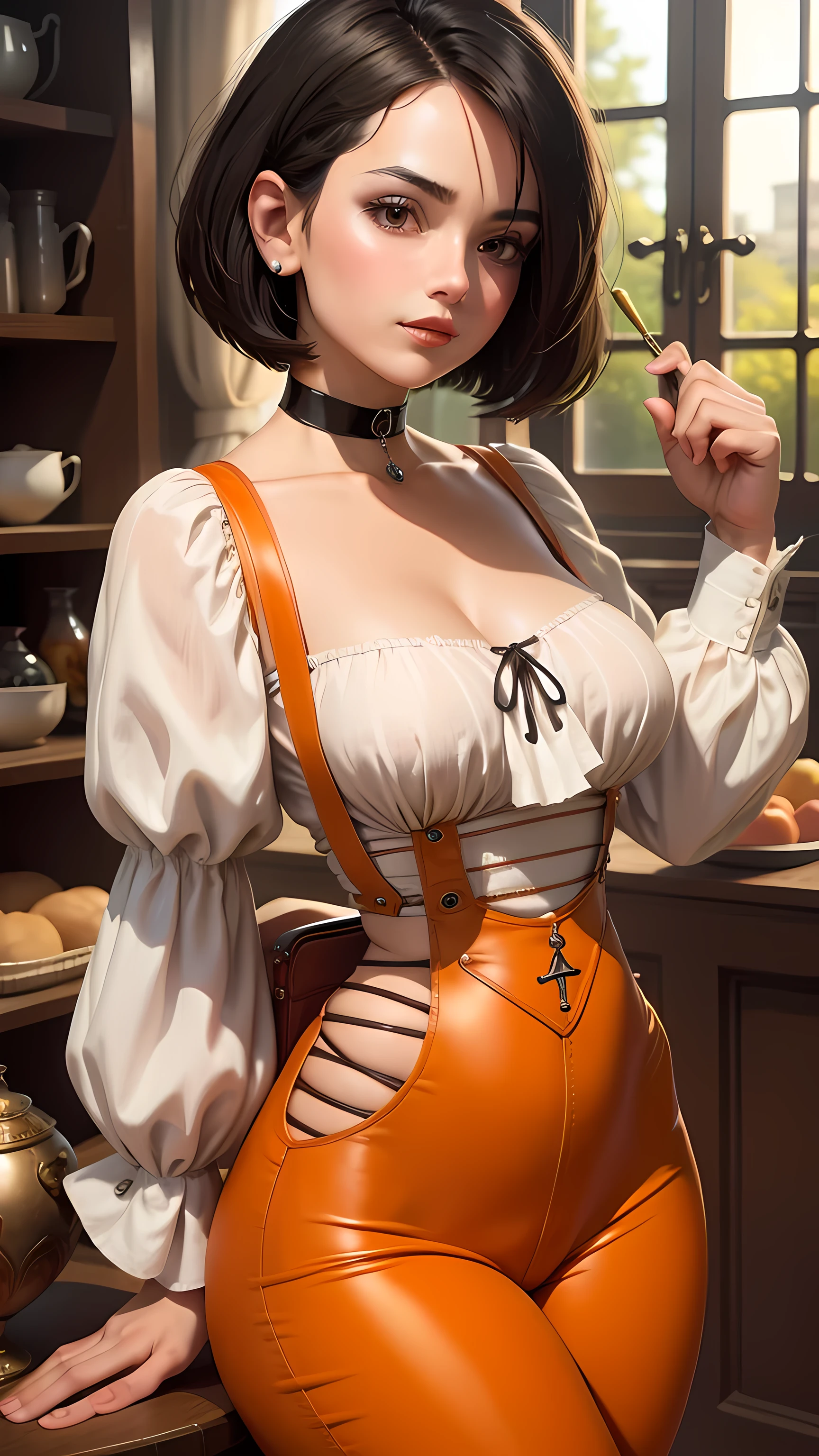 masterpiece, best quality,3d rending work ,3DMM style,close-up, 3D,1girl, solo, black hair, realistic, upper body, fantasy castle background, parted lips, choker, makeup, (medium perky breasts) realistic natural breasts, cleavage, garnet, ffix, skin tight orange pants, orange suspenders, white shirt with frills, short black hair, egyptian bob haircut