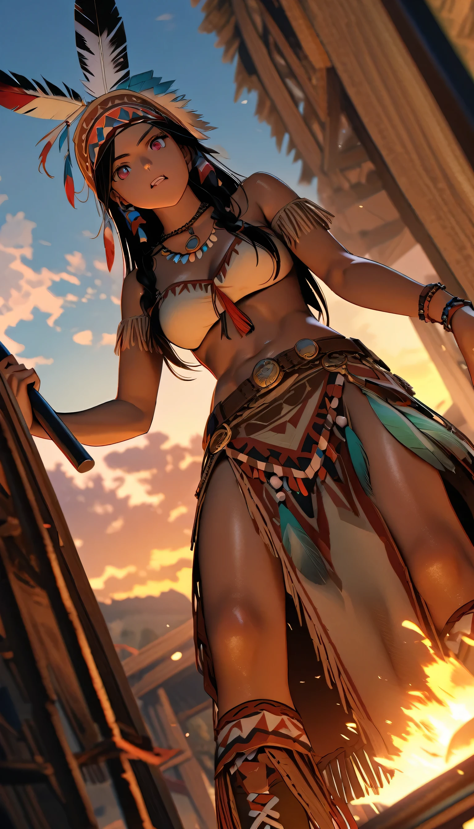 A woman receiving a quest at a bar in the Wild West. A daily life in a teepee.、Native American female warrior roasting a pig over a bonfire for lunch、\(cute,beautiful,18-year-old,Muscular,carrying a heavy tomahawk,Leather Dresses\(fringe, glass beads\),Indian Cape\(fringe, glass beads\), War Cap\(native american feather crown\),Shiny, dark and fresh skin,chest,necklace\(Lots of fangs),Indian Moccasins,glass beadsのイヤリング), break ,background(outside,Wilderness of the American West),Dynamic action poses, Dynamic Angle, break ,quality\(8k,Highly detailed CG unit wallpaper, masterpiece,High resolution,top-quality,top-quality real texture skin,Surreal,Increase the resolution,RAW Photos,highest quality,Very detailed,wallpaper,Cinema Lighting,Ray-tracing,Golden Ratio\)[Browsing Caution:2.0],View Viewer