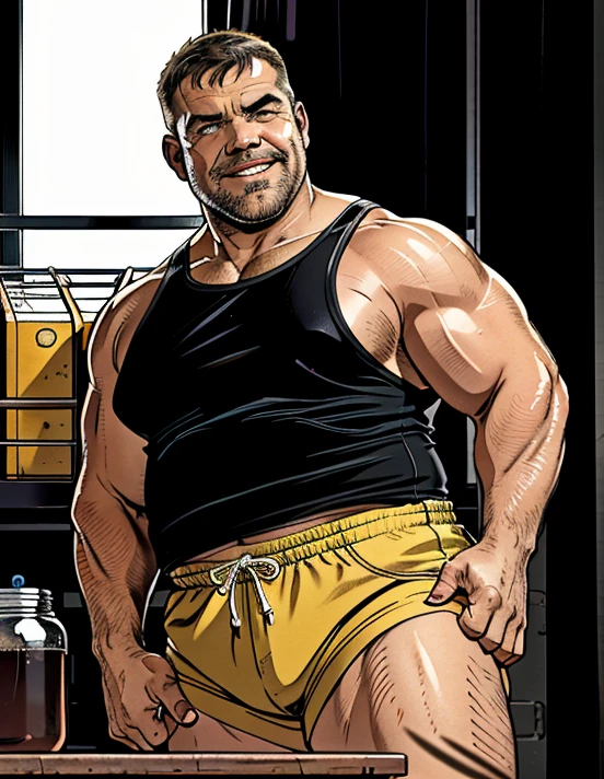 Intense cinematic scene, Full-body shot, Robust and robust real-world environment, short-hair, thick arm muscles, thick leg muscles, bbw, strong, Fat middle-aged man with a bright smile, wear shorts, fotografia de Corpo completo imagem de corpo inteiro, low side angles. Detailed image dynamic image. He doesn't wear clothes.Only plump, chubby, extremely thick thighs, large belly, fat, "Two plump men with big guts, They are wearing only underwear. The image is of the highest quality, with ultra-detailed realism and vivid colors. The lighting highlights every curve and texture, creating a visually stunning portrait.(b0ndage,strap, bondage outfit), lean on the bar, in nightclub, neon lights, floated in the air shirtless Caucasian male with short dark hair and he body full tattoo. wearing black leather harness and briefs, he make black gloves. He wore fur robes, he eyes is golden. top quality, soft color, Vintage images, highres, paid reward available, High-quality illustrations, unparalleled masterpiece, absurdres(highly detailed beautiful face and eyes)perfect anatomy, expression, caustics, no lighting deep shadow, masterpiece, high quality, hi res, solo, spiked brown hair only on head, collar, brown eyes, goggles, Black loincloth, green scarf, elbow pads, knee pads, masterpiece, No muscles, Detailed hands, detailed face, detailed eyes, detailed body, Flat body, Skinny, claws, high resolution, metal cuffs on wrists, metal cuffs on ankles, no shirt, no underwear, drunk, bar, ((Blue eyes, gayharness, wearing harness, chest harness, leather straps, dancing, in a nightclub, sexual energy, leather pants, leather hat, arm bands, wearing full black leather police uniform and leather police cap, bondade,strap, bondage outfit), lean on the bar, in nightclub, neon lights)))