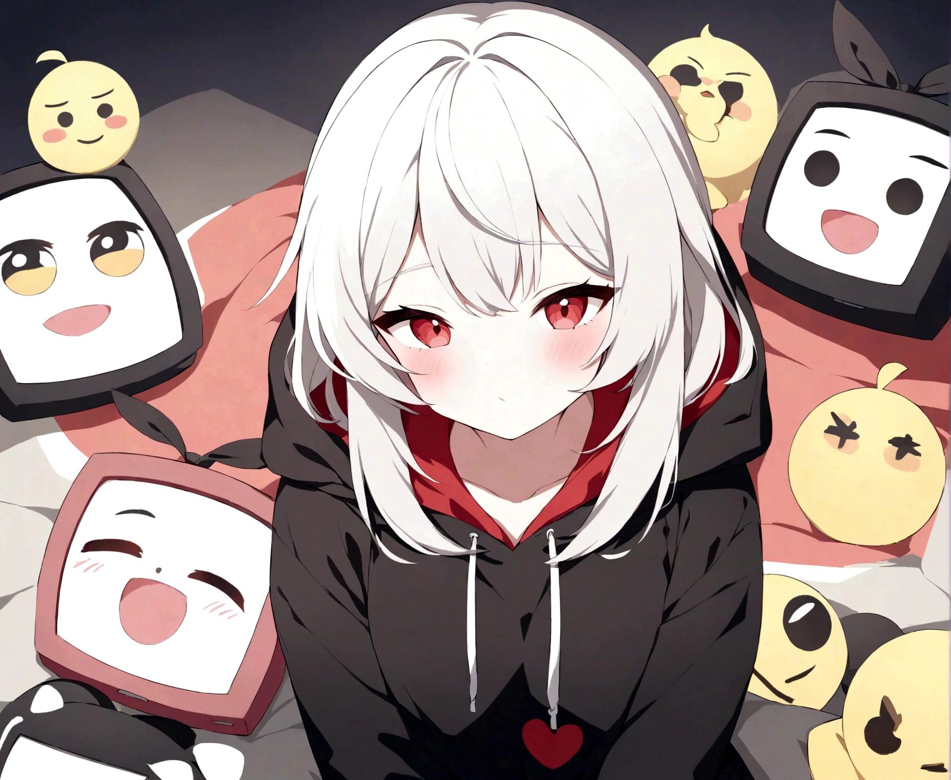 wanita berusia 18 tahun dengan hoddie merah hitam,lalu banyak tv dibelakng nya dan ber emoji senyum berwarna hitam di tv nya,
