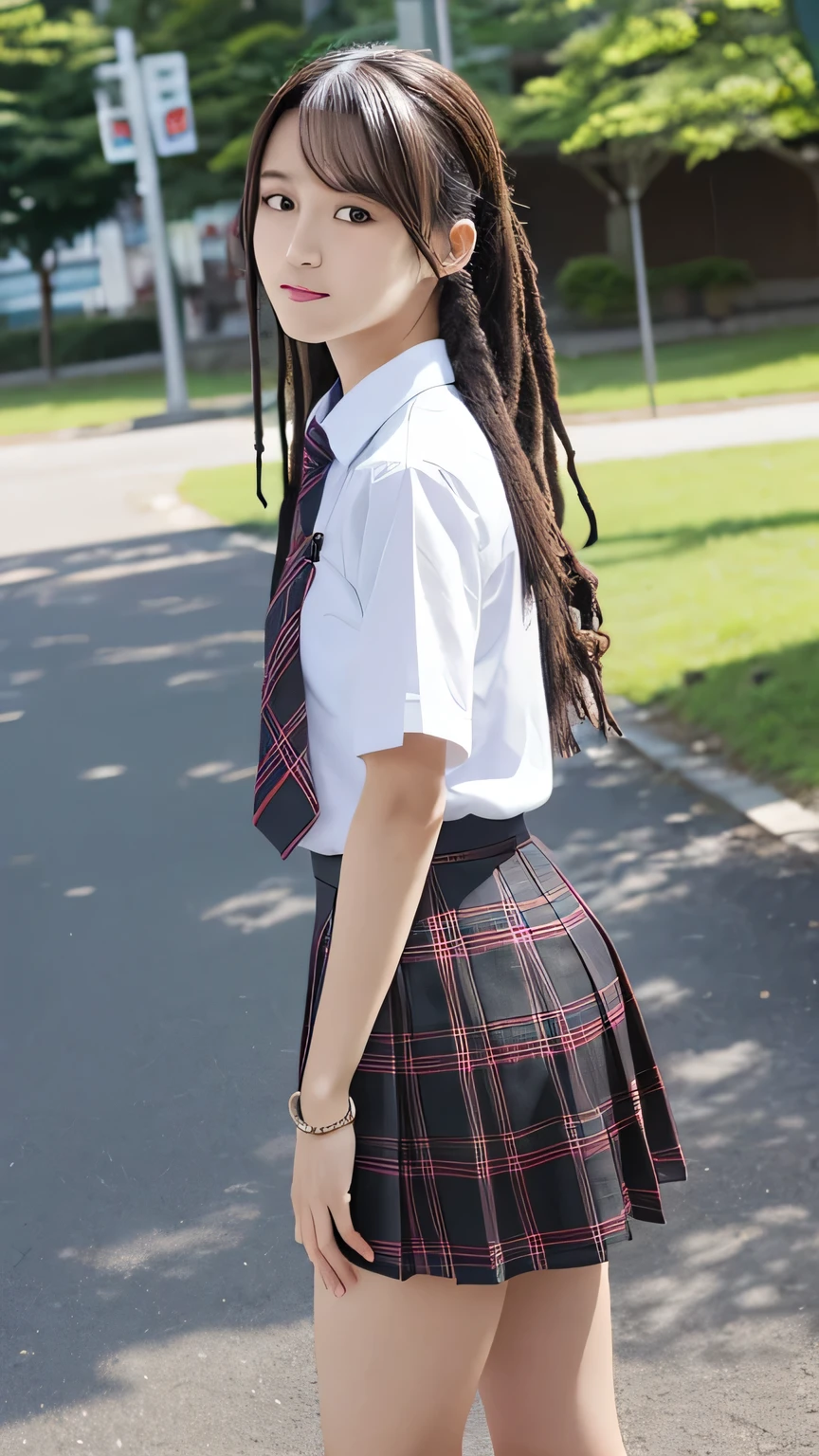 high quality manga style, 22 years old pretty  Jamaican dark black skin girl, dread hair stand still with long straight legs wearingJapanese JK summer uniform, tartan check skirt, short black sockes,no back ground, facing front, full body shot, looking into camera lenz facing frontタイツ
