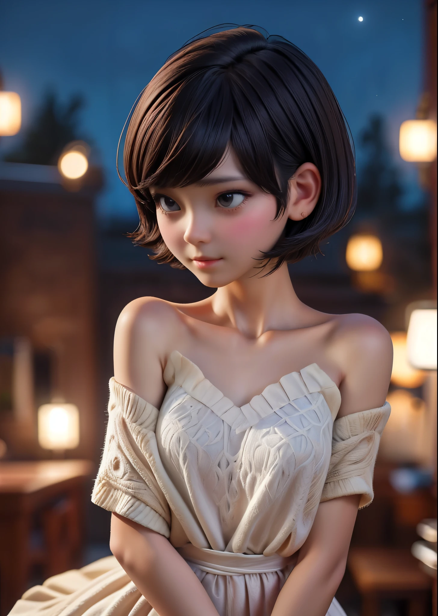 Cute woman、Short pixie cut hair、She and the Stars、View here、Star of the sky、Night Dress、Moonlit Night、moonlight、Perfect lighting、Perfect body、Sharp Focus、High definition、high resolution、High color rendering、High resolution、Ultra-realistic、photo realistic、The perfect human form、Focus on the face