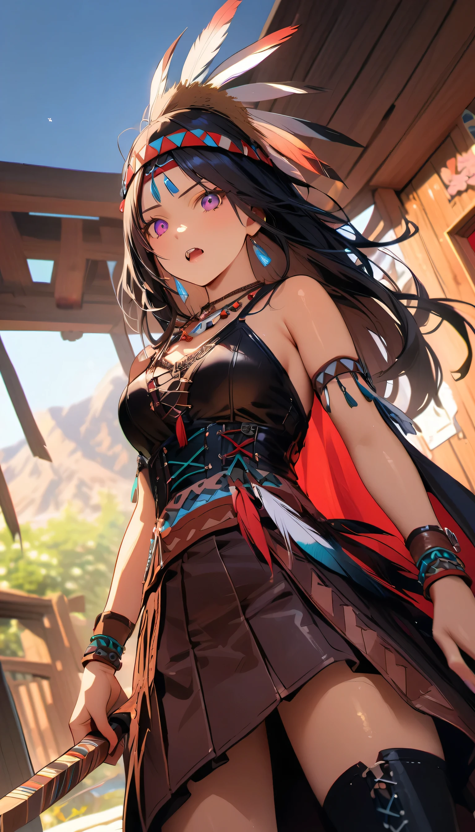 Wild West、Everyday life in a teepee、Native American female warrior\(cute,beautiful,18-year-old,Muscular,carrying a heavy tomahawk,Leather Dresses\(fringe, glass beads\),Indian Cape\(fringe, glass beads\), War Cap\(native american feather crown\),Shiny, dark and fresh skin,chest,necklace\(Lots of fangs),Indian Moccasins,glass beadsのイヤリング), break ,background(outside,Wilderness of the American West),Dynamic action poses, Dynamic Angle, break ,quality\(8k,Highly detailed CG unit wallpaper, masterpiece,High resolution,top-quality,top-quality real texture skin,Surreal,Increase the resolution,RAW Photos,highest quality,Very detailed,wallpaper,Cinema Lighting,Ray-tracing,Golden Ratio\)[Browsing Caution:2.0],View Viewer