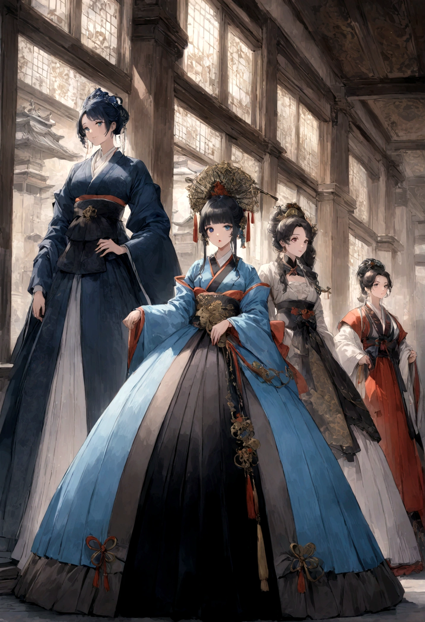(Super meticulous),(full bodyesbian:1.2), araffe woman in a black dress and a blue jacket, japanese clothes, hanfu, victorian style costume, fantasy style clothing, victorian inspired clothing, japaneese style, palace , a girl in hanfu, hakama kimono, gold brocaded dark blue clothes, dressed with long fluent clothes, intricate geisha kimono, traditional chinese clothing, with victorian clothing, (beautiful detailed face),(Beautiful and delicate eyes),