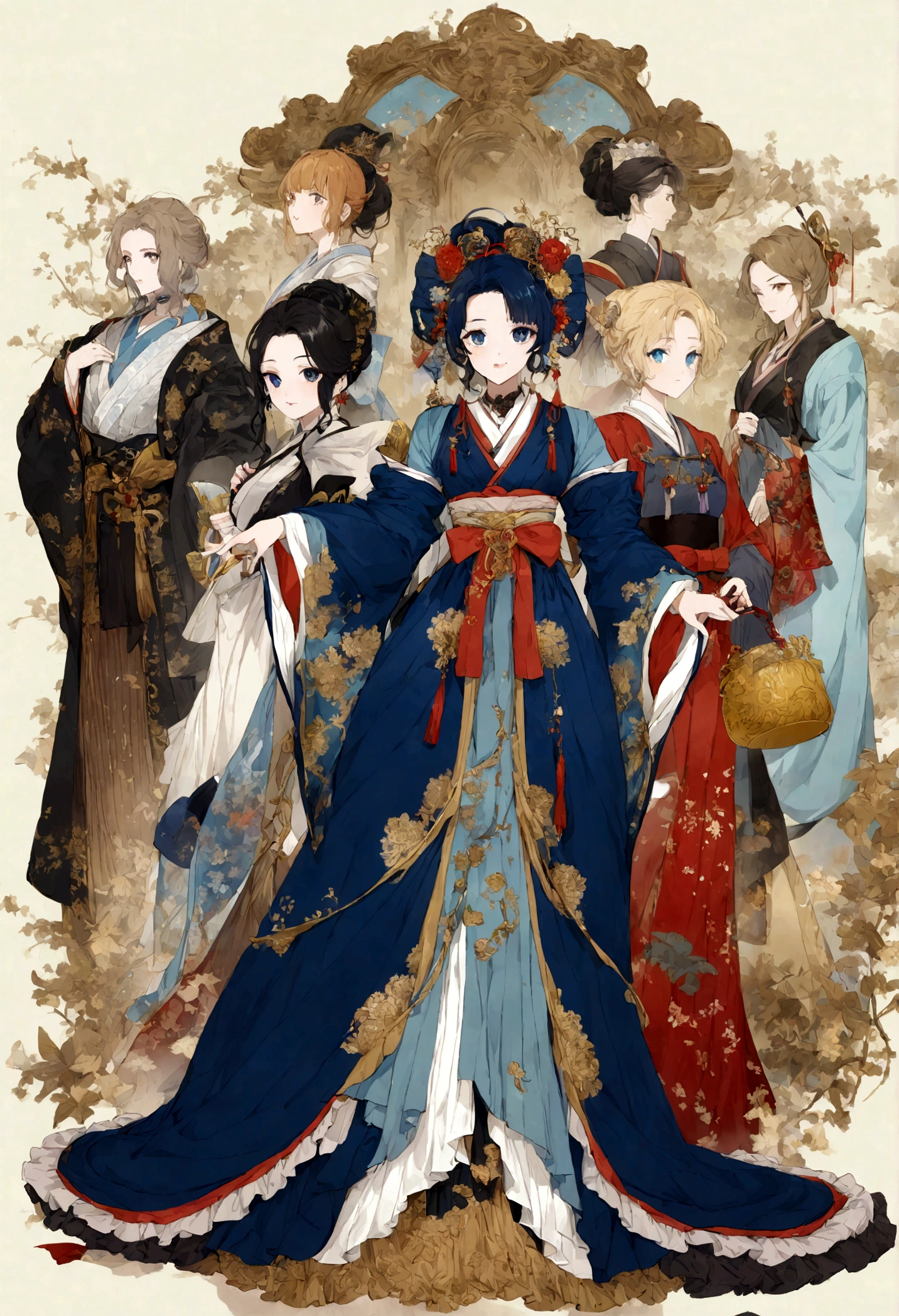 (Super meticulous),(full bodyesbian:1.2), araffe woman in a black dress and a blue jacket, japanese clothes, hanfu, victorian style costume, fantasy style clothing, victorian inspired clothing, japaneese style, palace , a girl in hanfu, hakama kimono, gold brocaded dark blue clothes, dressed with long fluent clothes, intricate geisha kimono, traditional chinese clothing, with victorian clothing, (beautiful detailed face),(Beautiful and delicate eyes),