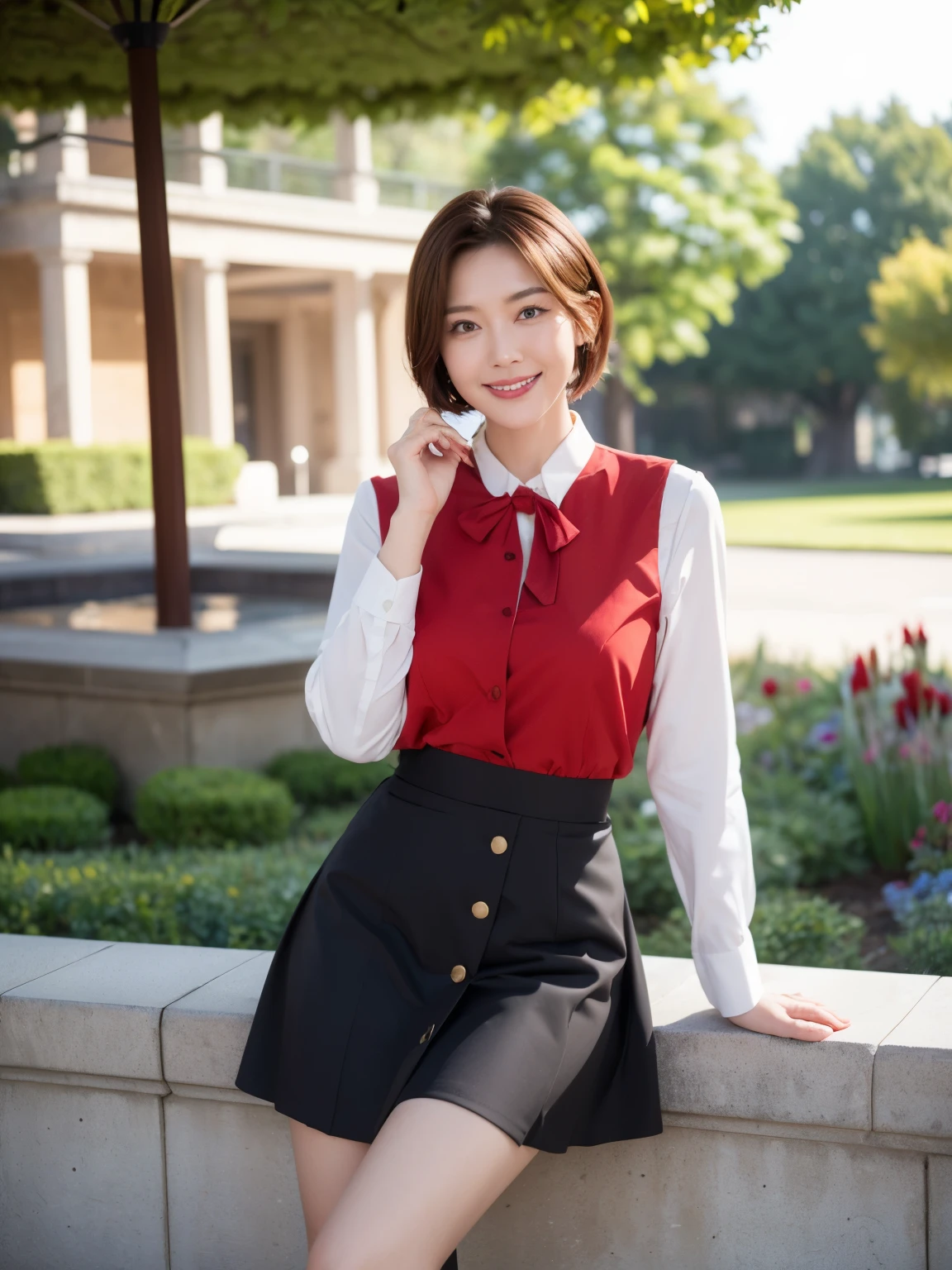 最high quality, In 8K, Masseter region, Vibrant, Sharp focus, high quality, High resolution, Detailed face, fine grain, Thick lips, (Looking at the audience), alone, Beautiful woman, 38 years old, Japanese women, ((very short brown hair:1.4))、(Short Bob Hair:1.4), Cleavage, Lunch break、Large city park、Green Grass、In front of a big fountain、(sitting on a park bench:1.3)、(Full body photo:1)、(Japanese women)、(Mitsubishi Bank uniform:1.8), (She is wearing a dark blue vest over a white blouse:1.5), The vest has three gold buttons, ((Red ribbon tie:1.3))、(Knee-length dark blue skirt)、(Black pumps:1.5)、(Red lipstick:1)、(smile:1.3)、(standard body type)、(D cup breasts)