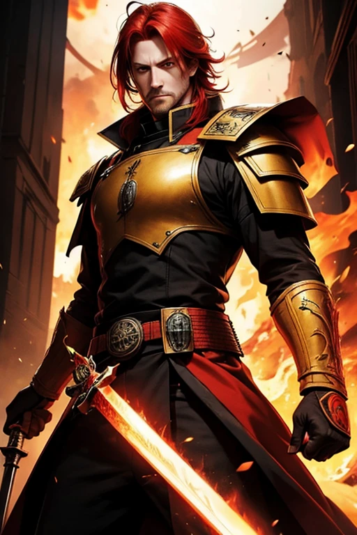 man.40 years old.red hair.yellow eyes.imperial uniform.fire sword