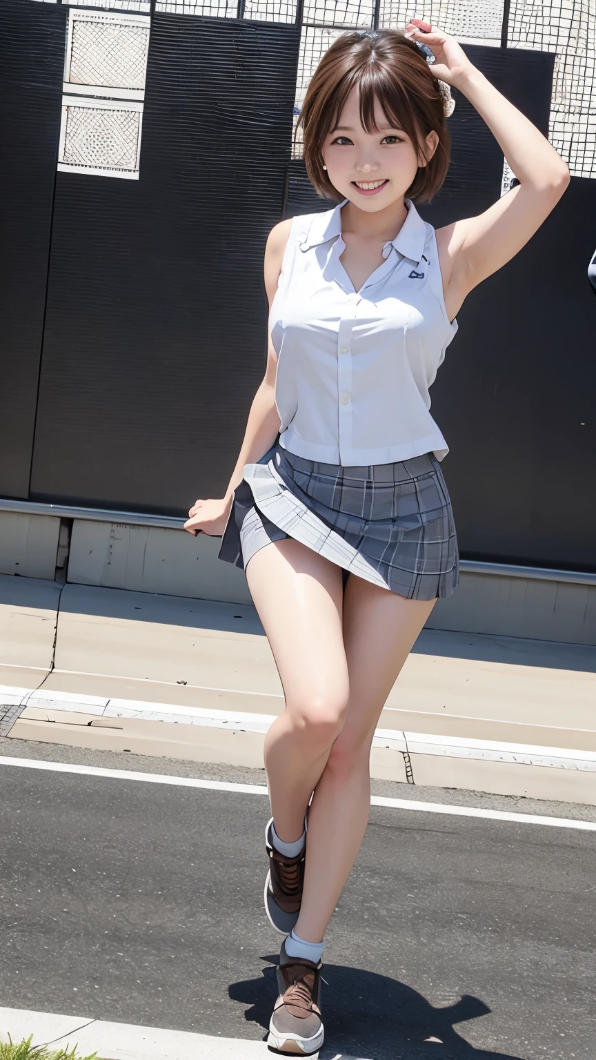 (highest quality,masterpiece:1.3,Ultra-high resolution),(Very detailed、Caustics) (Realistic:1.4, RAW shooting)、(shoot from front full body:1.5)、Ultra-realistic photos、Very detailed、Natural skin texture、masterpiece、(race queen, grid girl, skirt, sleeveless:1.5)、(dynamic pose:1.5)、()、()、()、1 Japanese girl、Adorable expression、Expressions of happiness、、Baby Face、Amute、pixie cut:1.3、Brown Hair、light makeup、Busty and bursting、Cleavage、This photo was taken at a racing circuit.、()、、、、Shining thighs、A shy smile、An inviting gaze、The exact number of fingers on each hand、